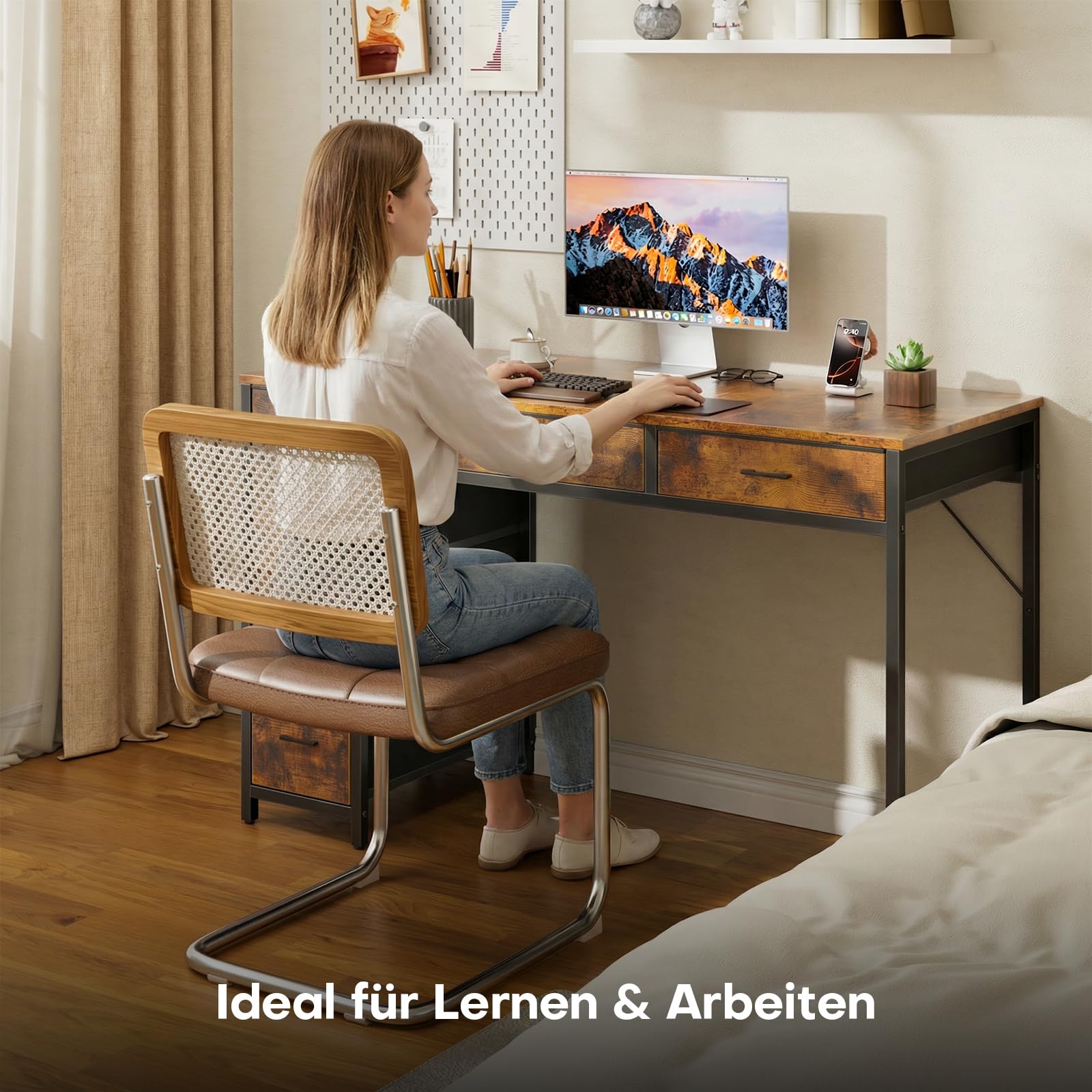 HLONONE Schreibtisch mit 6 Stoff Schubladen, 120cm Reversibler | Computertisch mit Stauraum, Modern PC Tisch für Office Wohnzimmer und Arbeitszimmer, Vintagebraun