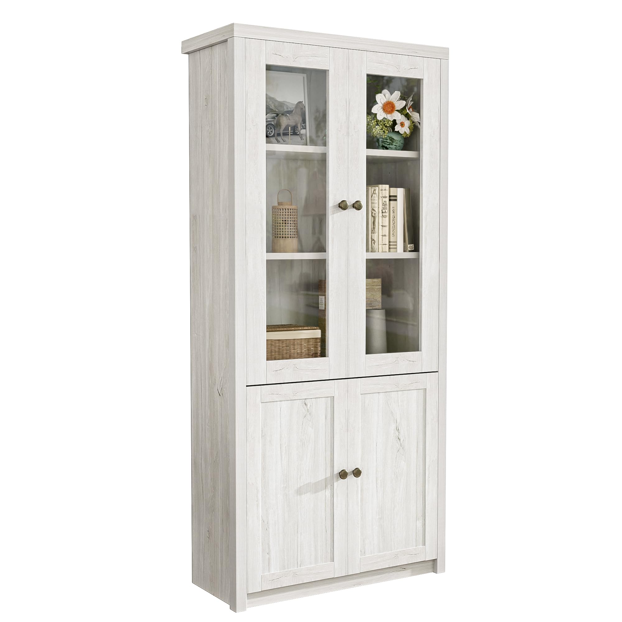 Armario alto de cristal de 171 cm de altura, con 2 puertas de cristal y estante, archivadores, buffet, armario de cocina, aspecto de madera, para salón, oficina y pasillo (color blanco con puertas)