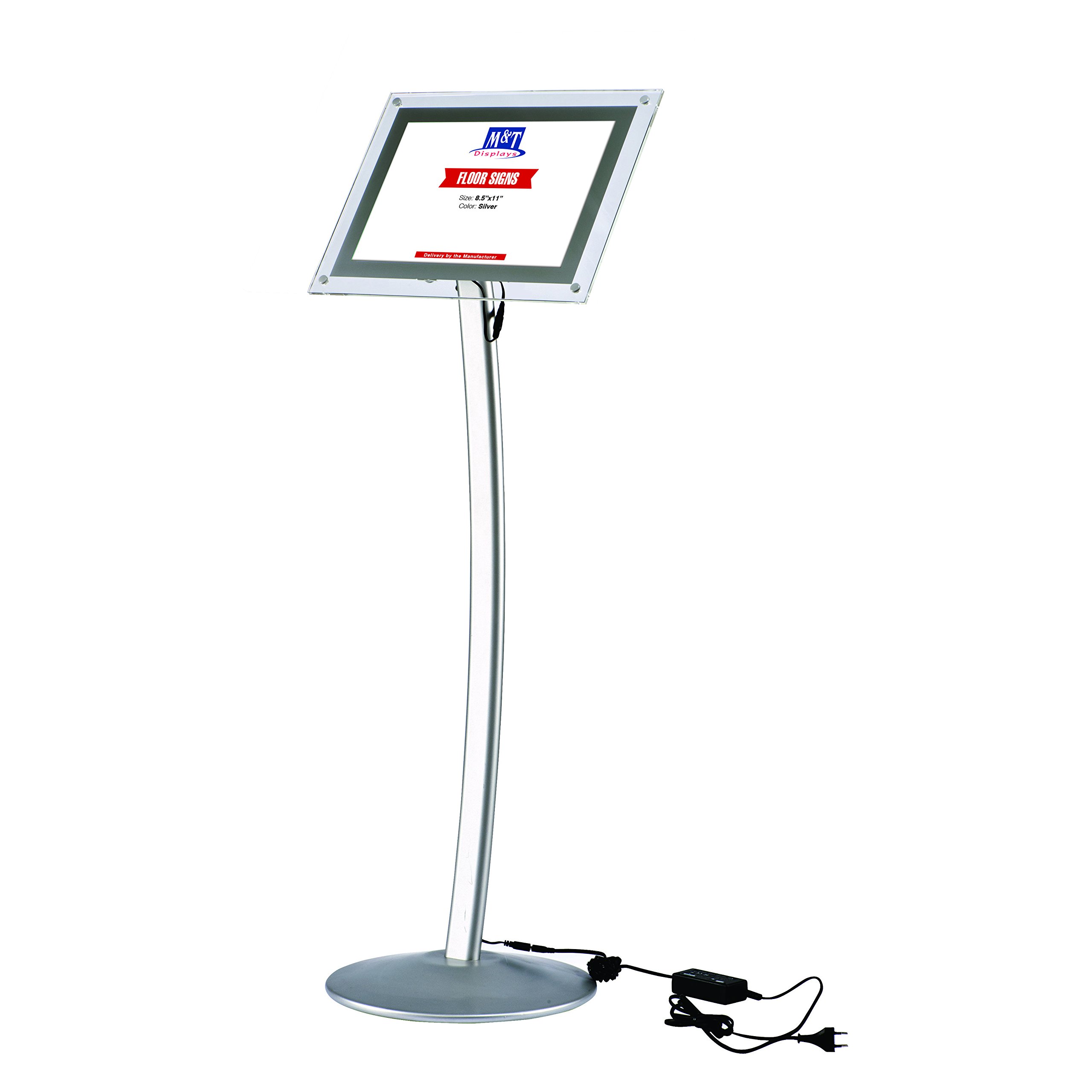 M&T Displays AcryLED Curved Menu Board 8.5x11 inch Silver Pedestal Sign Holder Floor Standing Aluminum Edge Lit Sign Advertisement Holder for Commercial Restaurant Cafe Hotel