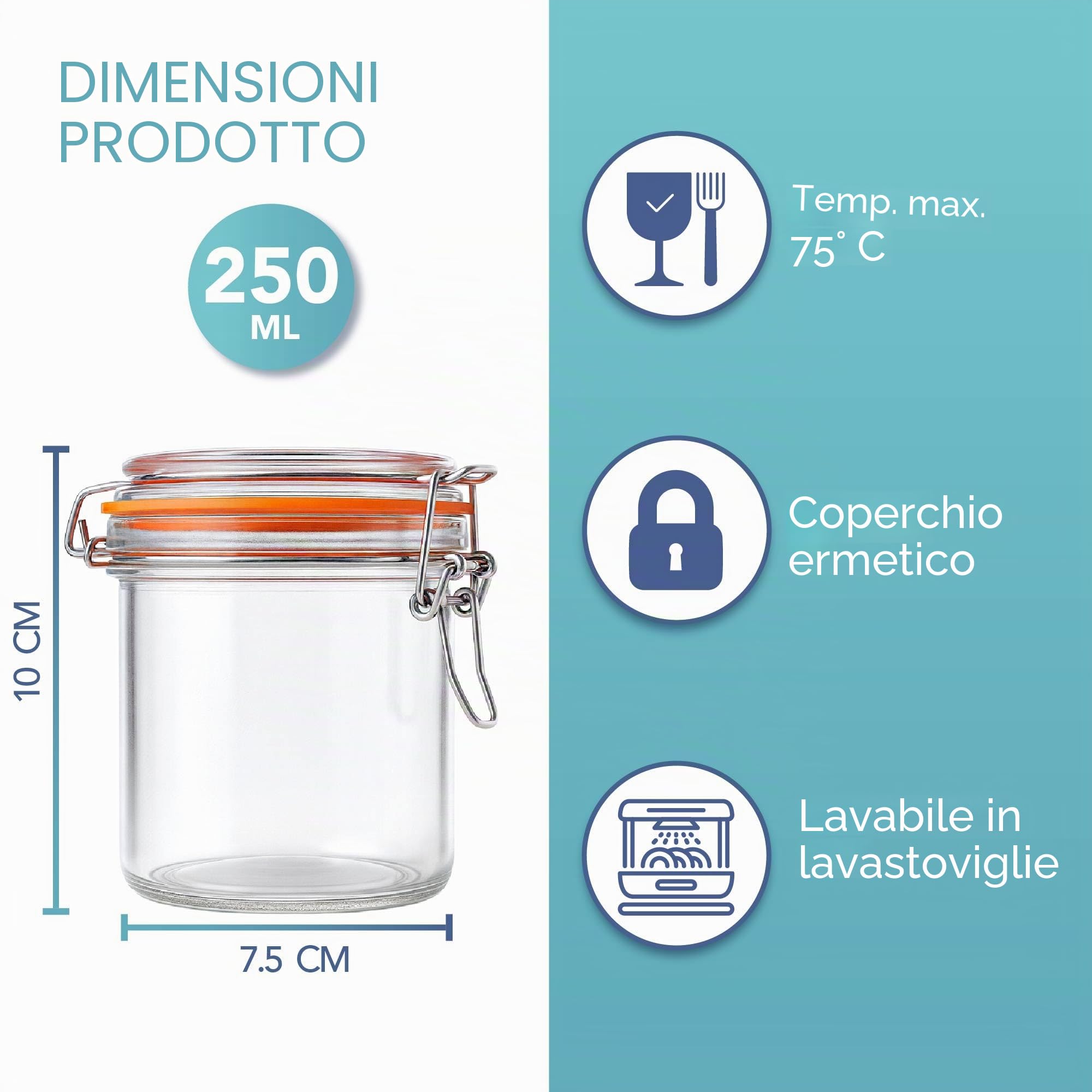 HEFTMAN Barattoli in vetro con chiusura a clip - Set di 6 barattoli in vetro da 250 ml ermetici con coperchi e guarnizione in silicone per pasta, lievito madre, chutney, sottaceti, organizzazione