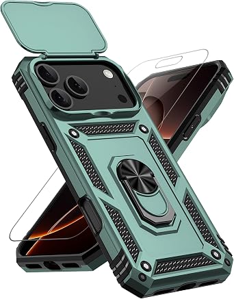 for iPhone 17 Pro Max / 18 Pro Max Case, with Slide Camera Cover HD Screen Protector [Military Grade Drop Tested] Ring Holder Kickstand Protective Phone Case for 17 Pro Max / 18 Pro Max, Dark Green