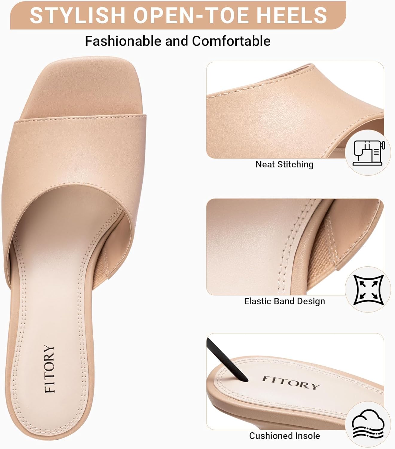 FITORY Womens Kitten Heel Sandals, Square Open Toe Slides with Elastic Strap, Slip-on Dressy Shoes for Daily and Vacation Size 6-11 - Image 4
