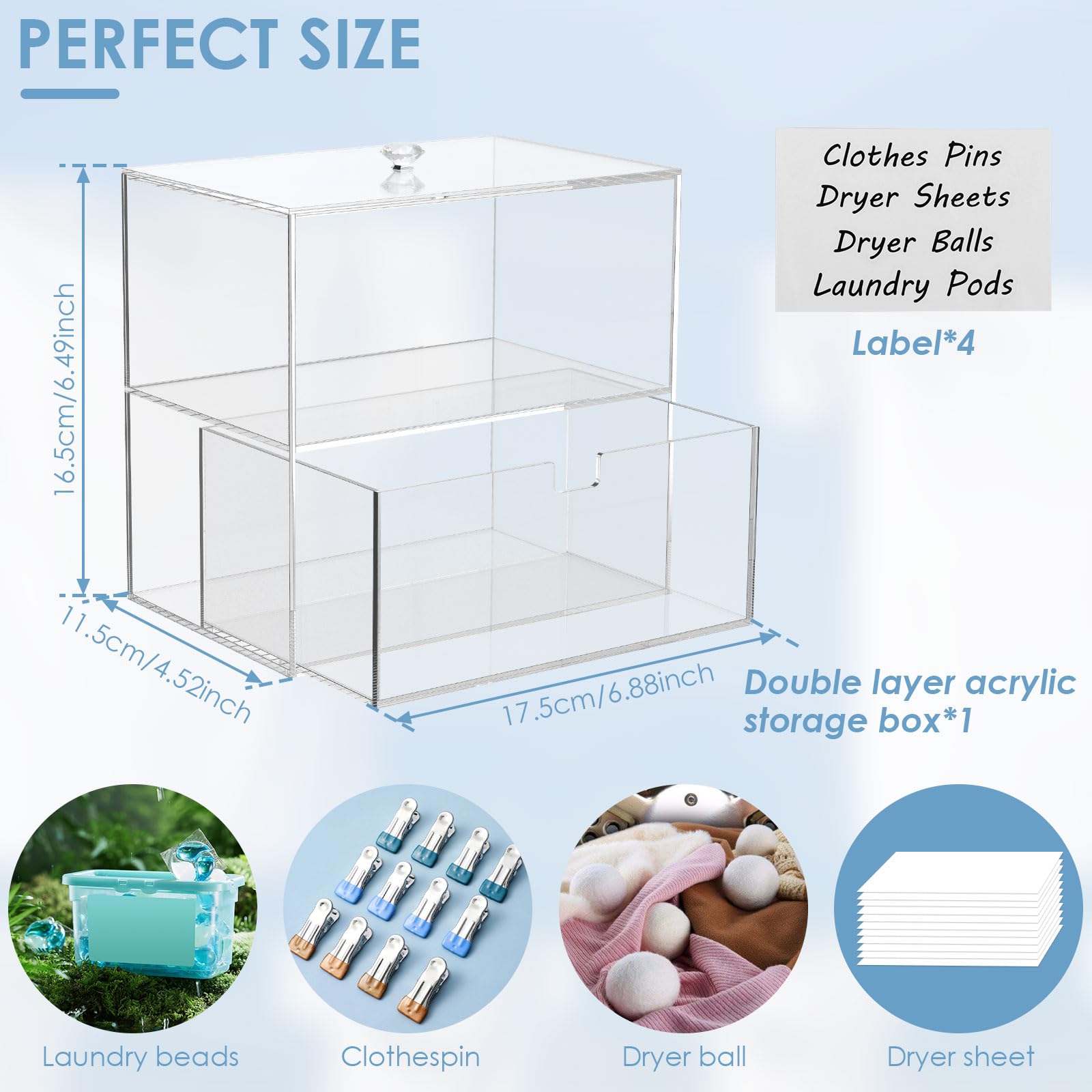 Dryer Sheet Holder with Drawer and Lid, Clear Laundry Room Organization and Storage, 2-Tier Laundry Pod Container with 4 Label Decals, Acrylic Dryer Sheet Container for Dryer Balls Clothes Pins