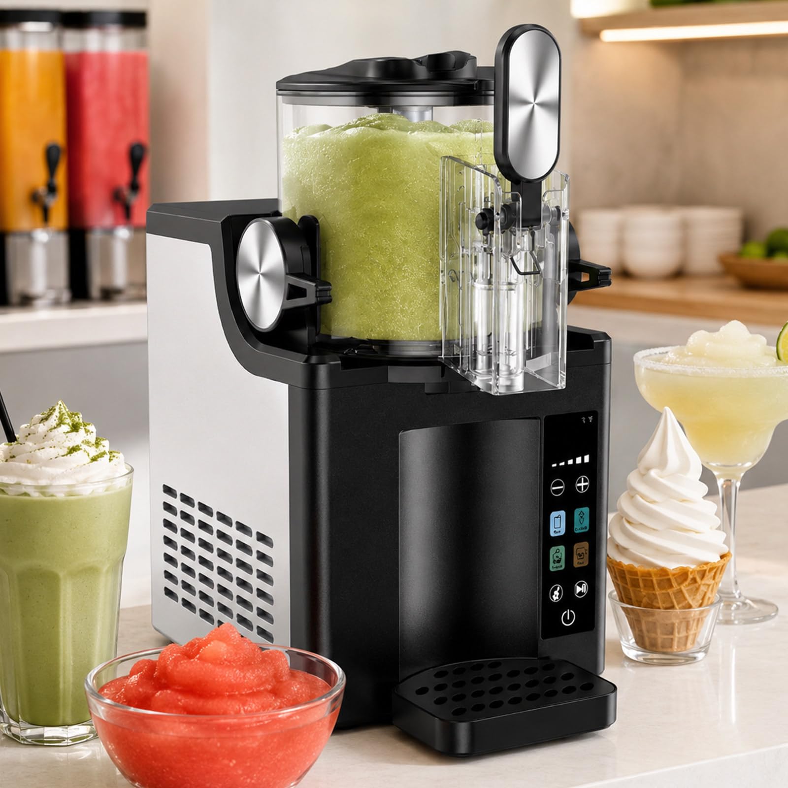 Slushy Machine 1.5L with Smart Touch Panel, No Ice Needed Smoothie Maker Machine for Smooth Iced Drinks Soft Serve and Family Desserts, Adjustable Texture, for home/Stores/Hotels Black