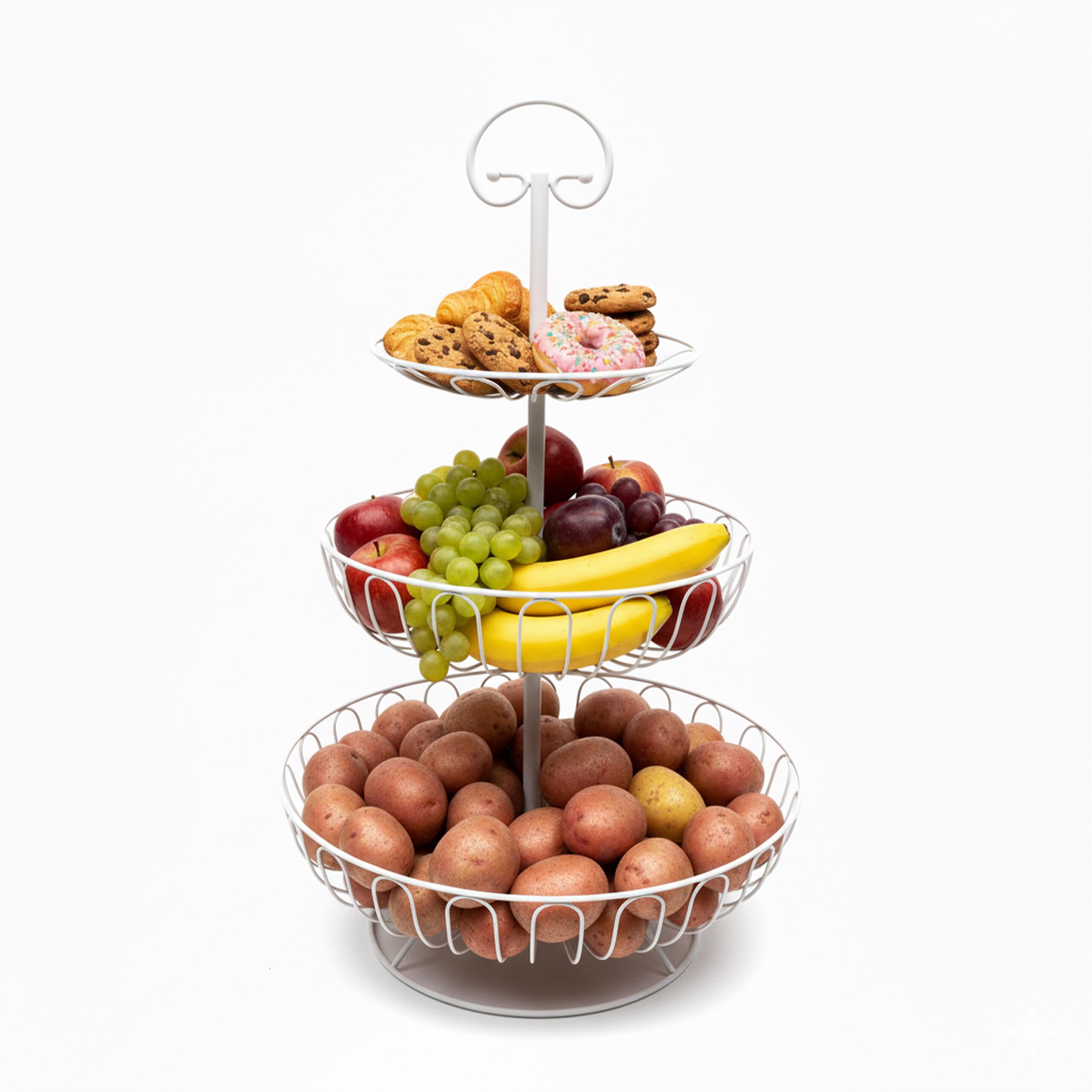 Frutero de 3 pisos para frutas y verduras, cesta de metal redonda 47x30 cm