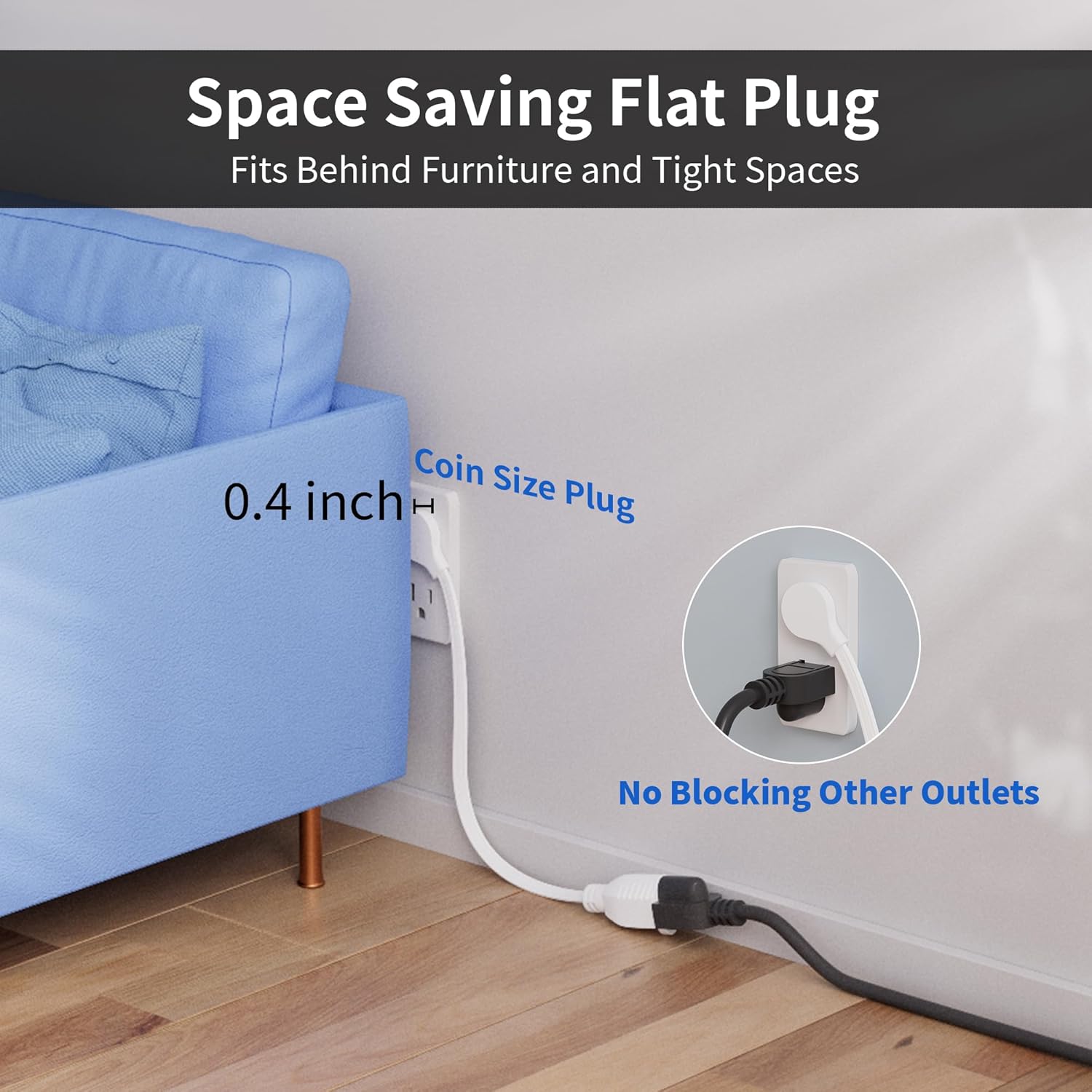 Low Profile 45° Flat Plug Short Power Extension Cord 1.5 Ft/10 Pack White, 3 Prong 14 AWG Grounded Flat Thin Cable Outlet Saver, SPT-3 for Household Office Holiday Indoor Outdoor Use, ETL+Safety Cover