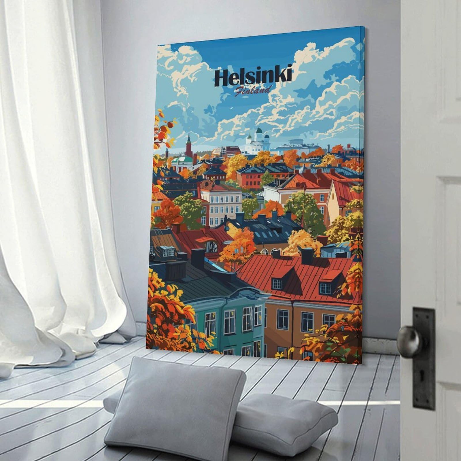 Junmoney Helsinki Finland Autumn Cityscape Illustration Wall Picture Print 20x30inch(50x75cm), for Home Walls, Creative Rooms Or Shared Spaces, Stylish Home Artwork for Focal Walls