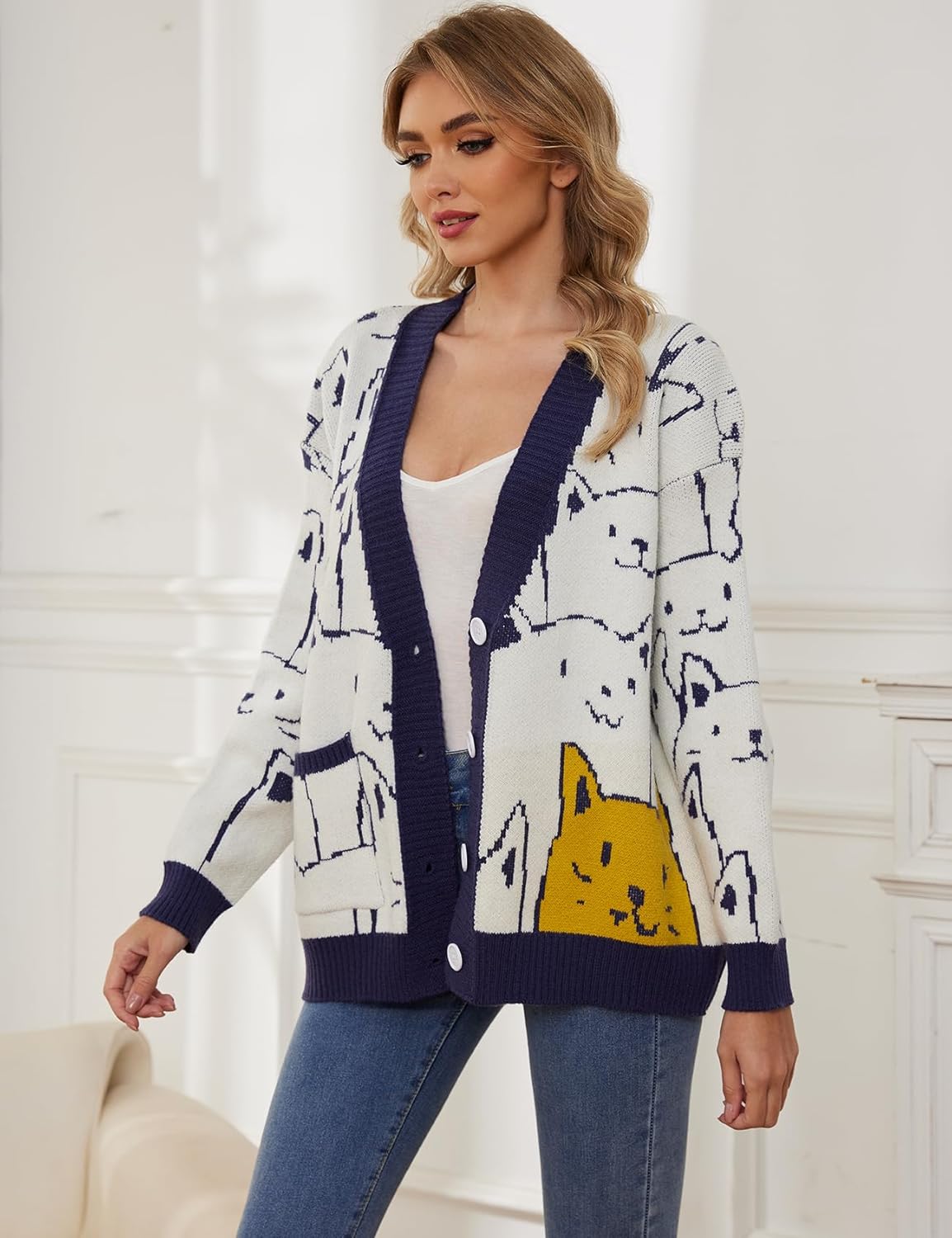 Wyeysyt Cat Sweater for Women Casual Button Down V Neck Cable Knit Cardigan Cute Kawaii Cartoon Cardigan Coat - Image 3