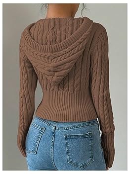 SOLY HUX Women's Zip Up Hooded Crop Cardigan Cable Knit