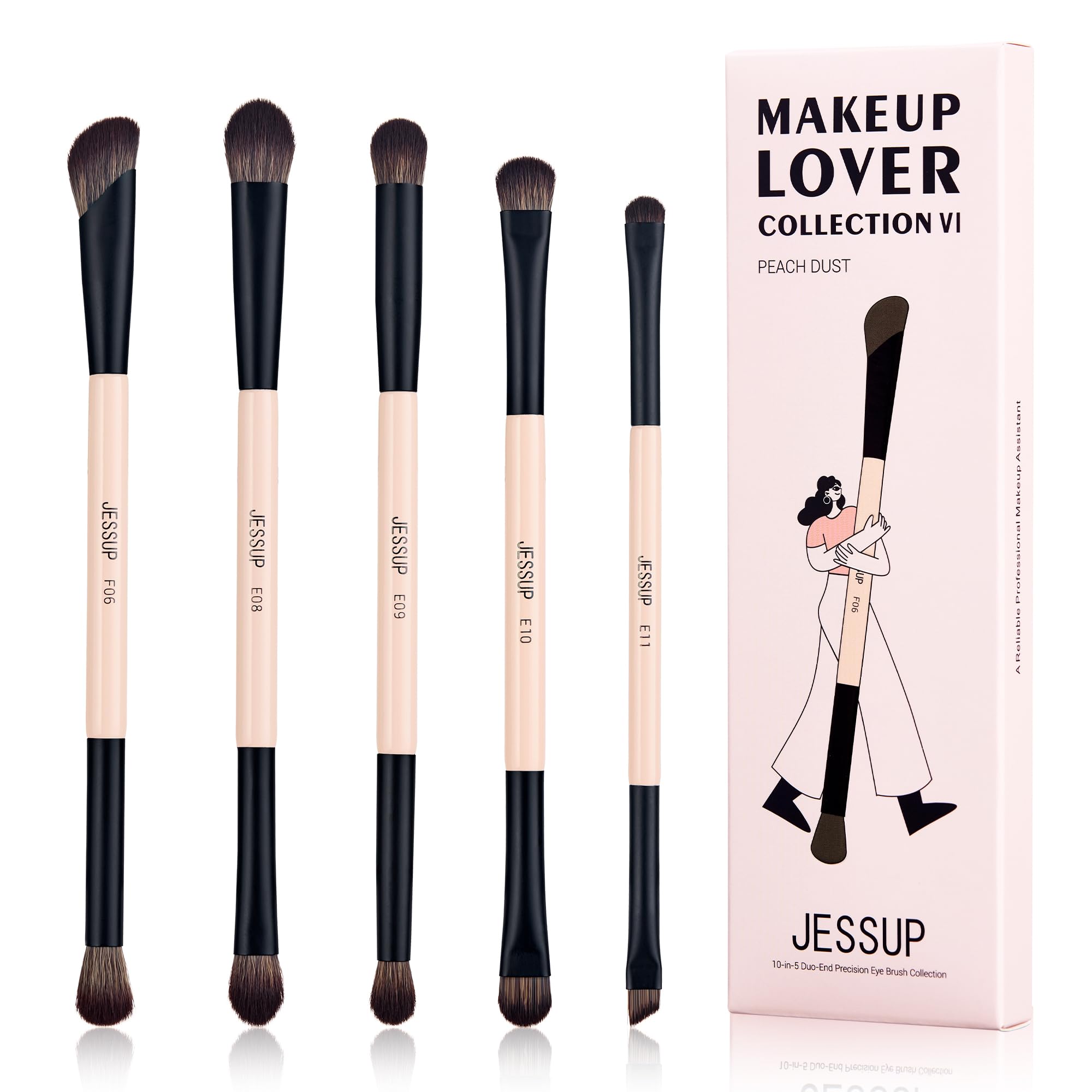 Jessup Makeup Brushes 5pcs Double Ended Eyeshadow Brush Contour Blending Eyeliner Eye Shader Brush, Vegan Fiber Precision Eye Brush Set Peach Dust