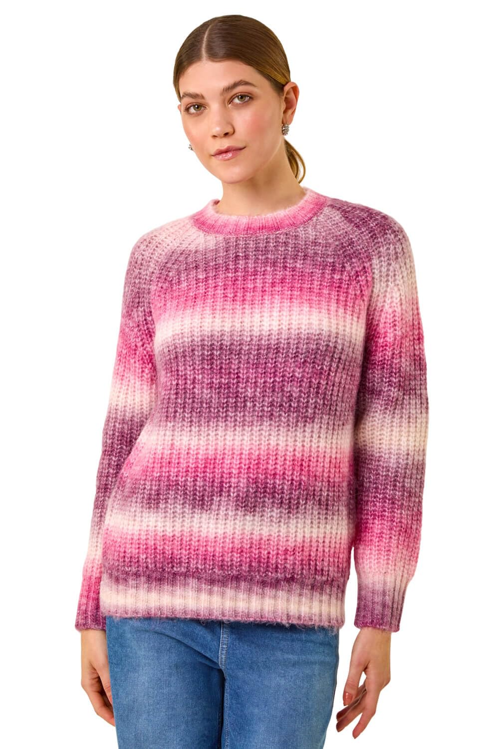 Roman Originals Women's Pink Ombre Knit Scarf & Jumper For Uk - Everyday Autumn Winter Round Neckline Comfy Soft Evening Vacation Work Party Night Out - Size 12