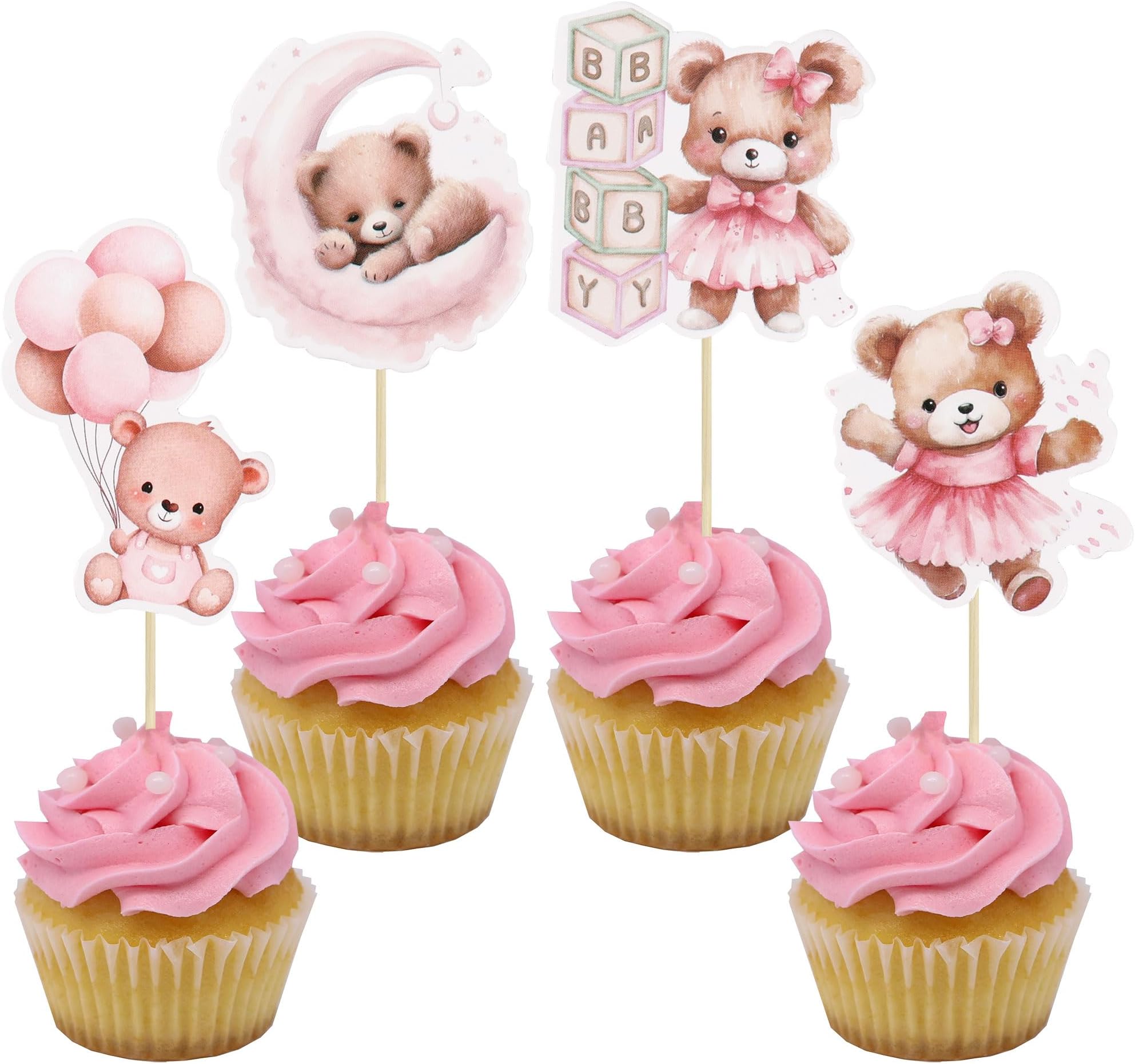 36Pcs Baby Shower Bear Cupcake Toppers Moon Baby Bear Baby Shower Cake Topper Decorations Jungle Animal Theme Birthday Party Cake Supplies Pink