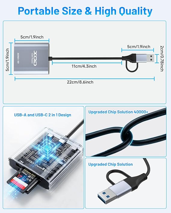 XQD SD Card Reader USB 3.0, USB-A/Type-C XQD SD Card Reader, Dual Slot, Memory Card Reader Adapter Compatible with Sony G/M Series, Lexar Professional Cards, Sony G Series, for Windows/Mac OS/Linux