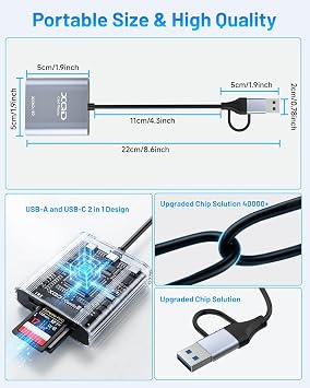 XQD SD Card Reader USB 3.0, USB-A/Type-C XQD SD Card Reader, Dual Slot, Memory Card Reader Adapter Compatible with Sony G/M Series, Lexar Professional Cards, Sony G Series, for Windows/Mac OS/Linux