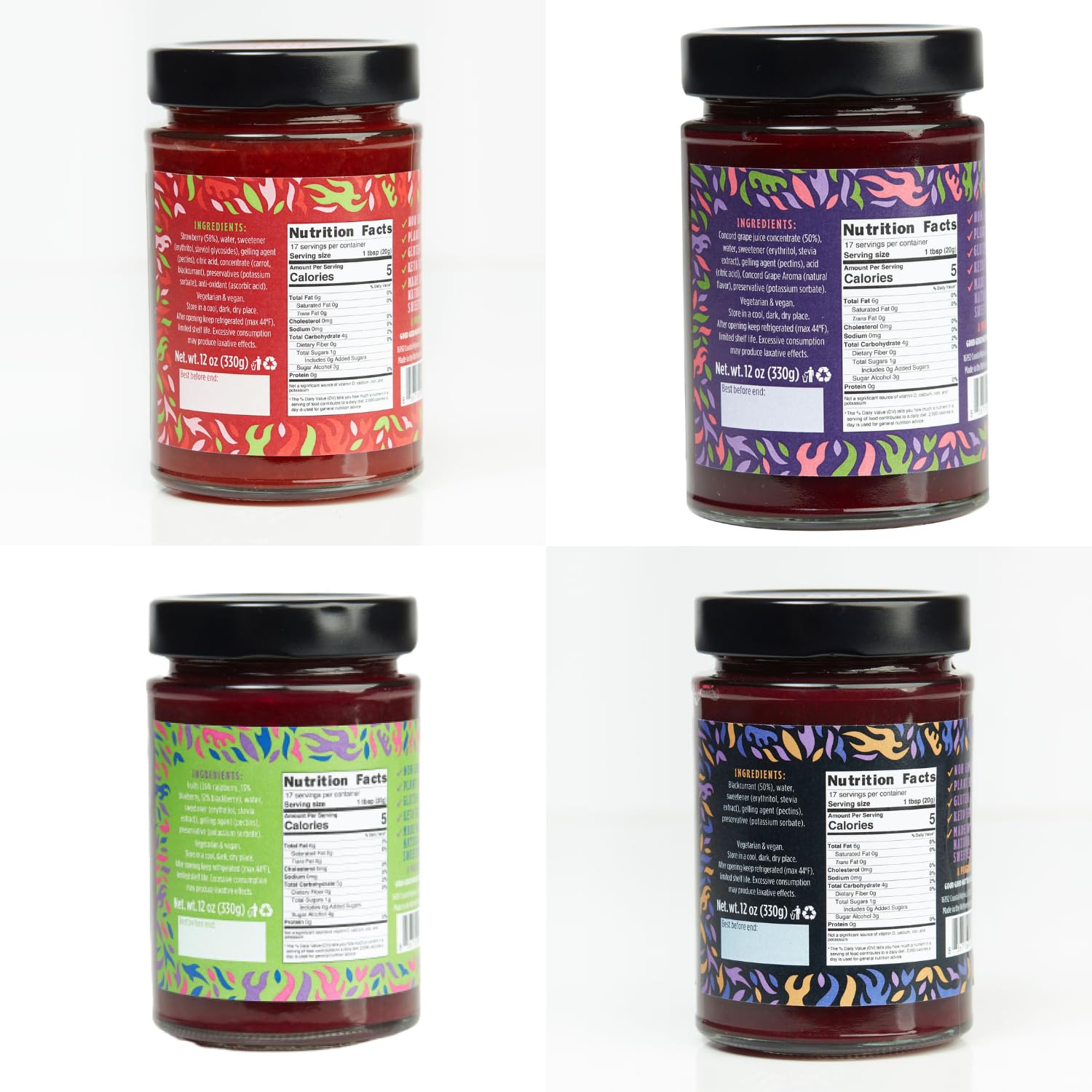 GOOD GOOD No Added Sugar Fruit Jam Variety Pack of 4 - Keto Friendly Jelly - Strawberry, Concord Grape, Forest Fruits and Blackcurrant Jam - Low Carb, Low-Calorie and Vegan - 12oz / 330g Jars