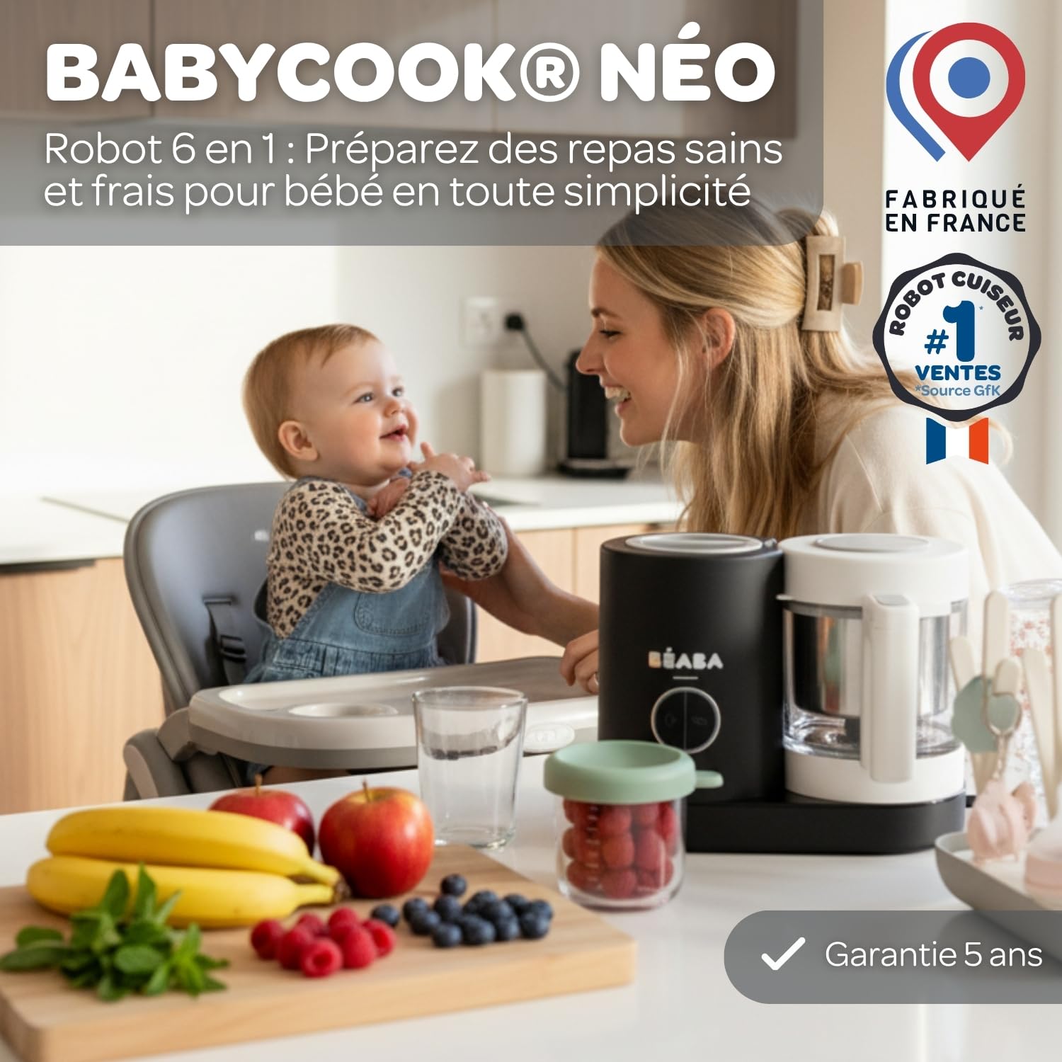 BÉABA Babycook Néo Robot Bébé 6 en 1 Made in France Mixeur-Cuiseur Bol en Verre et Cuve Inox Diversification Alimentaire Petits Pots Bébé Maison Cuisson Vapeur Douce Rapide Noir
