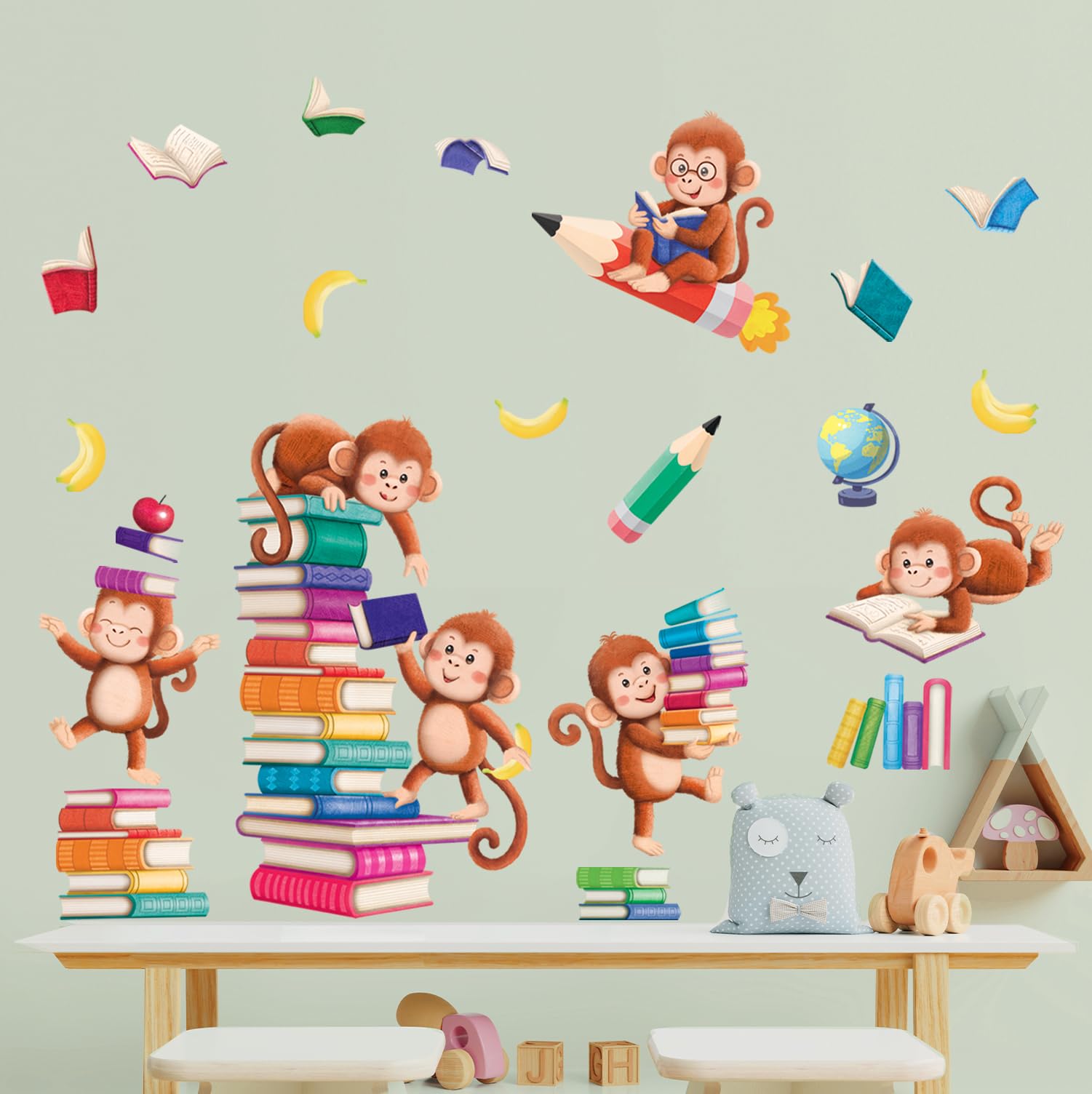 DECOWALL SG2-2402 Books with Reading Monkey Wall Stickers Book Inspirational Decals Removable for Kids Baby Library Classroom Nursery School Bedroom Playroom Living Room décor - Image 3