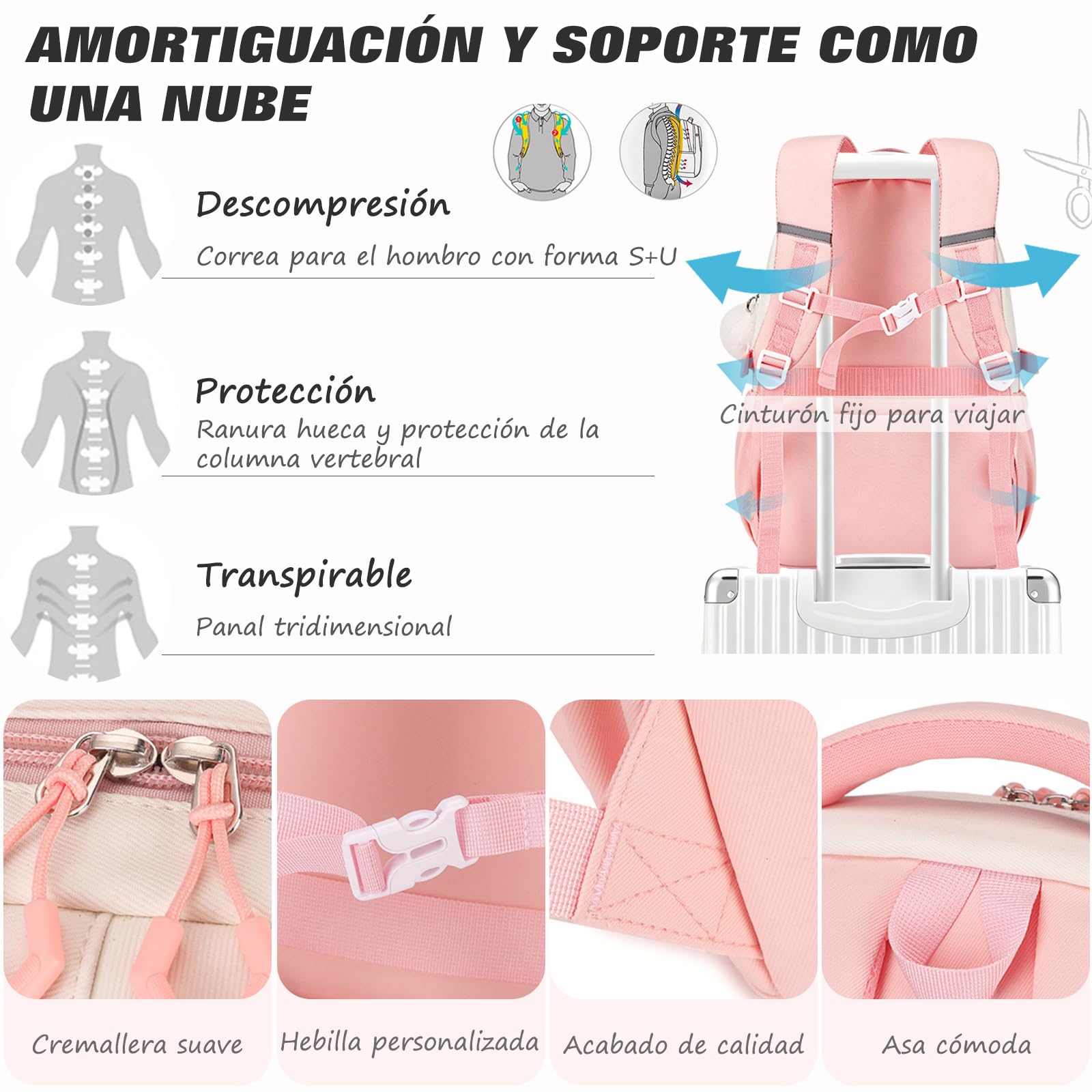 FANDARE Mochila Escolar Infantil con Tira Reflectante y Compartimentos Múltiples Ergonómica con Respaldo Transpirable y Oxford Impermeable Ligera para Niño de Primaria Rosa