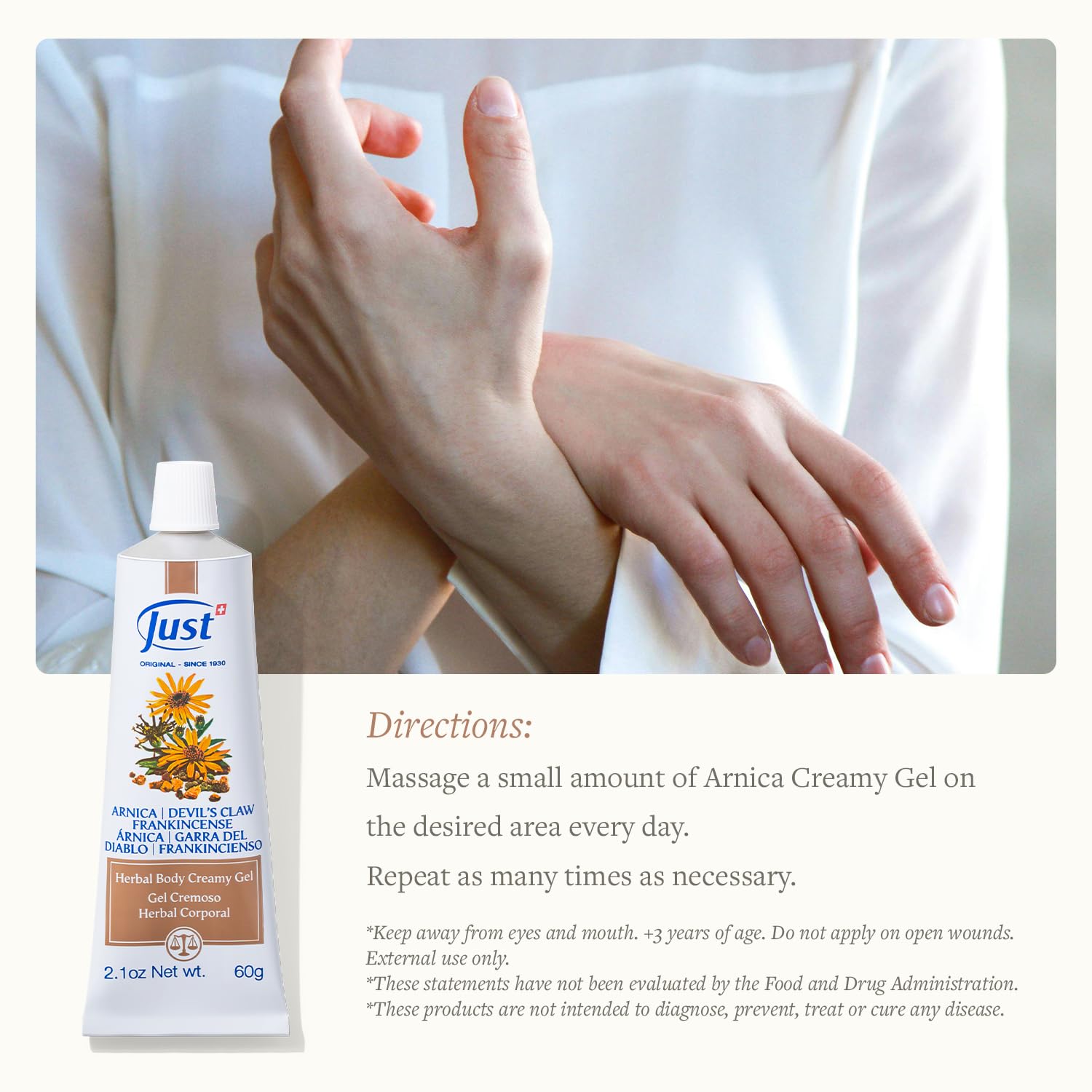 Swiss Just - Arnica Creamy Gel Devils Claw Frankincense Oil - 60 g | Smooth Texture For Targeted Massage On Wrists Knees Ankles Neck And Back Absorbs Quickly For Daily Body Care product thumbnail 5