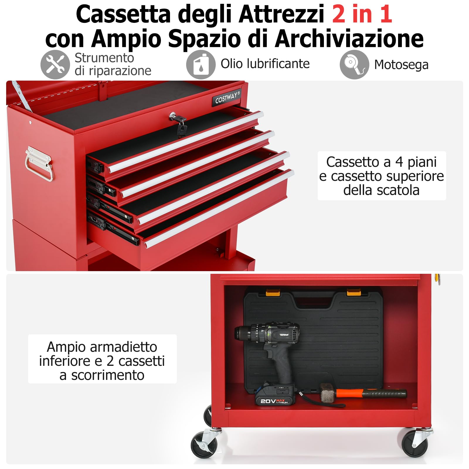 COSTWAY Cassettiera Portautensili a 6 Cassetti, Carrello per Attrezzi con Ruote Bloccabili, con Ripiano rimovibile e Serratura, 61,5 x 33 x 132 cm (rosso)