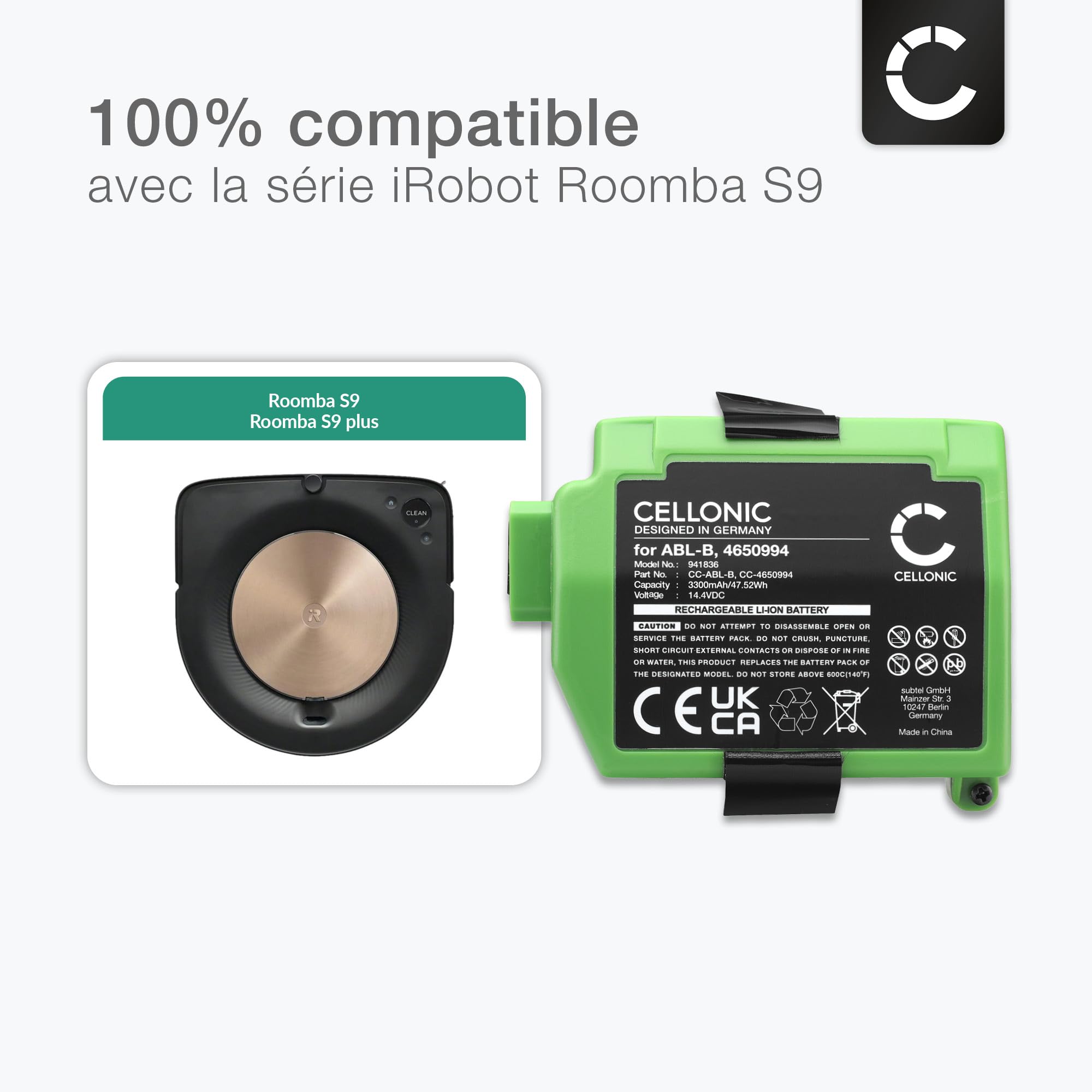 CELLONIC Batterie Compatible IRobot Roomba S9 Plus - 14.4V 3300mAh ABL-B 4650994 S955020, Remplacement Haute Performance