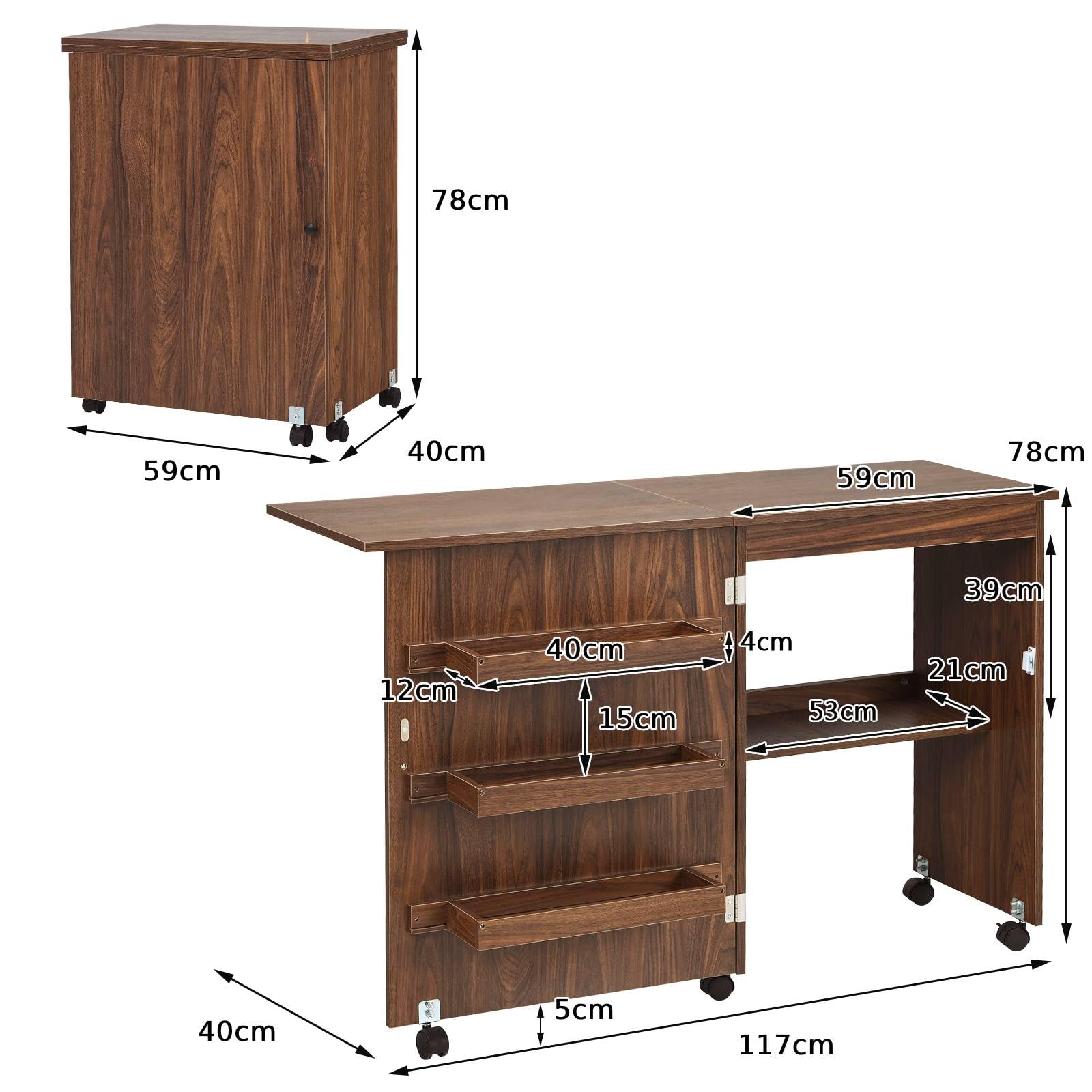 RajoNN Mesa de Costura Plegable, Mesa de Manualidades con Ruedas 2 en 1 con estantes de Almacenamiento y Ruedas bloqueables, gabinete para máquina de Coser Que Ahorra Espacio, Escritorio para