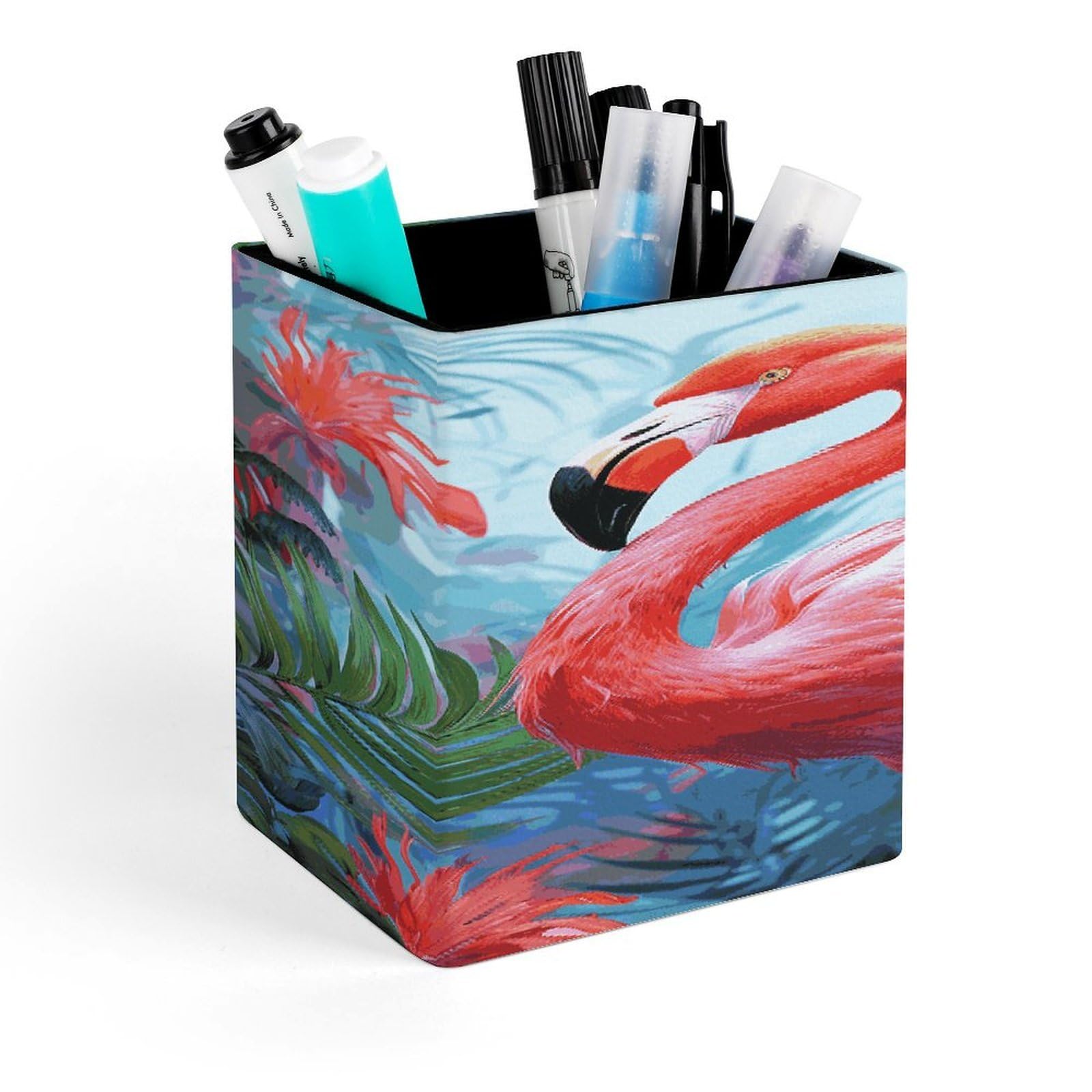 FekiLoot Painted Flamingo Pencil Holder for Desk Square Leather Pen Holder Cup Desktop Organizer Multi-Functional Pencil Cup Holders Modern Decorative Desk Organizer Caddy Makeup Brush Holders
