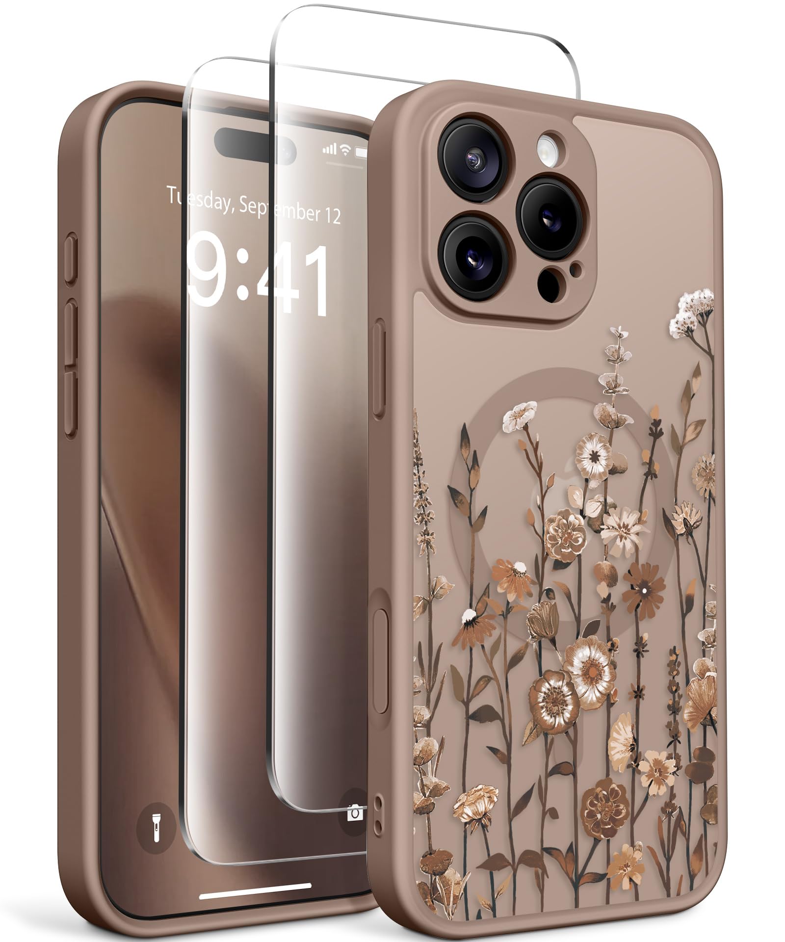 GVIEWIN for iPhone 16 Pro Case Compatible with MagSafe, [Military Grade Protection] [2X Screen Protector] Full Camera Protection Floral Translucent Women Magnetic Phone Case, Floratopia/Brown