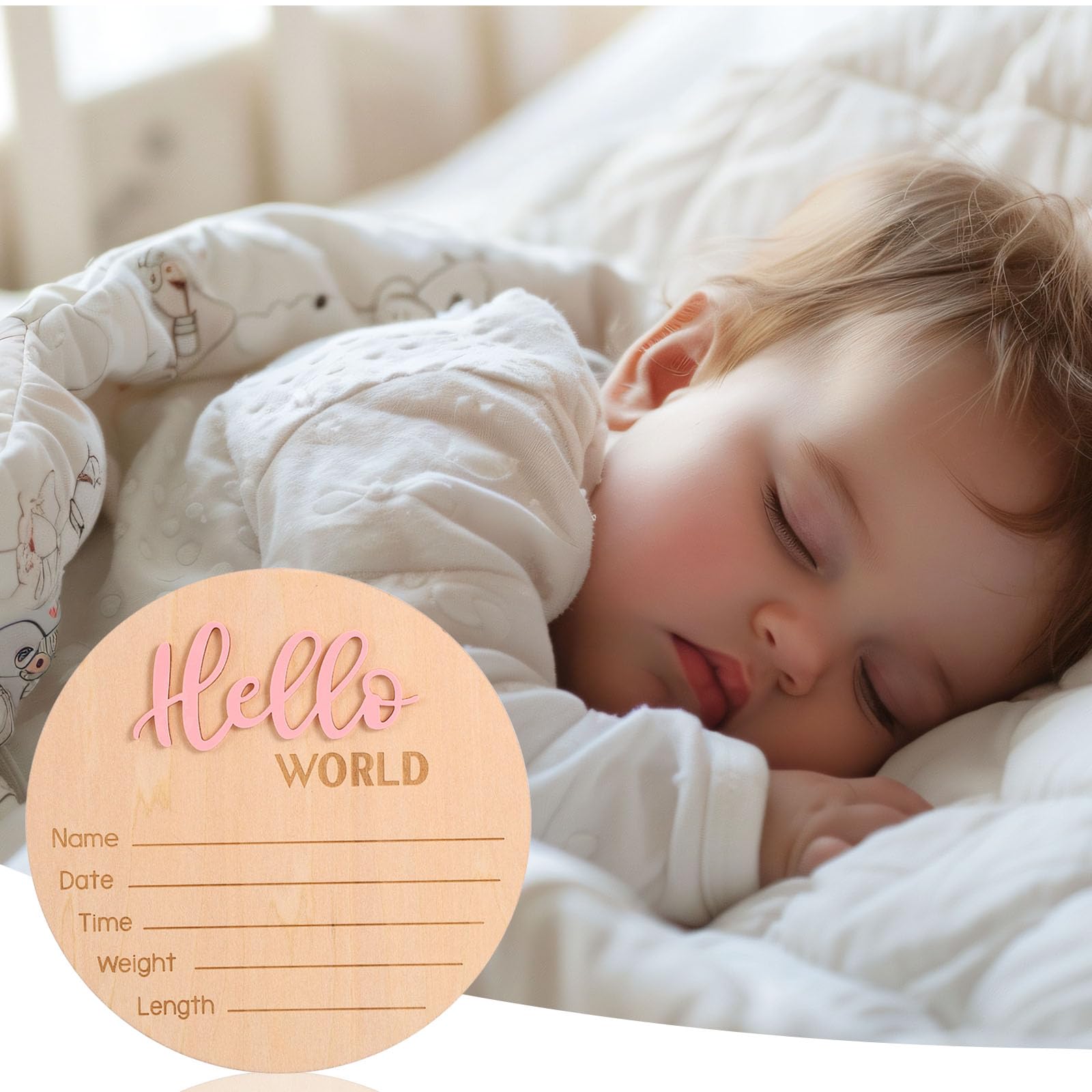 Cartello di Annuncio del Neonato in Legno 15 cm con Scritta Hello World Rosa Chiaro per Baby Shower