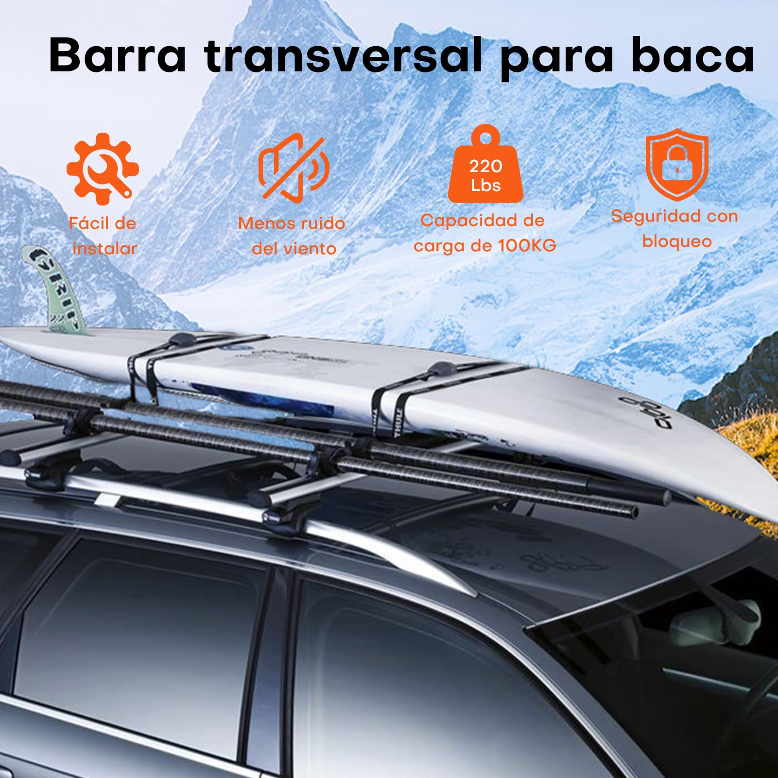 Baca Coche Universal 135cm, Aluminio, Barra Techo Auto, Compatible con Modelos con Relingas Abiertas, Carga hasta 100kg, Ideal para SUVs y Vehículos