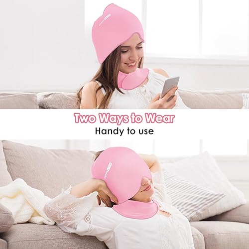 Miniatura 3 de ComfiTECH - Paquete de cuidado con envoltura de hielo para la cabeza y el cuello, gorra fría y gel, paquete rosa