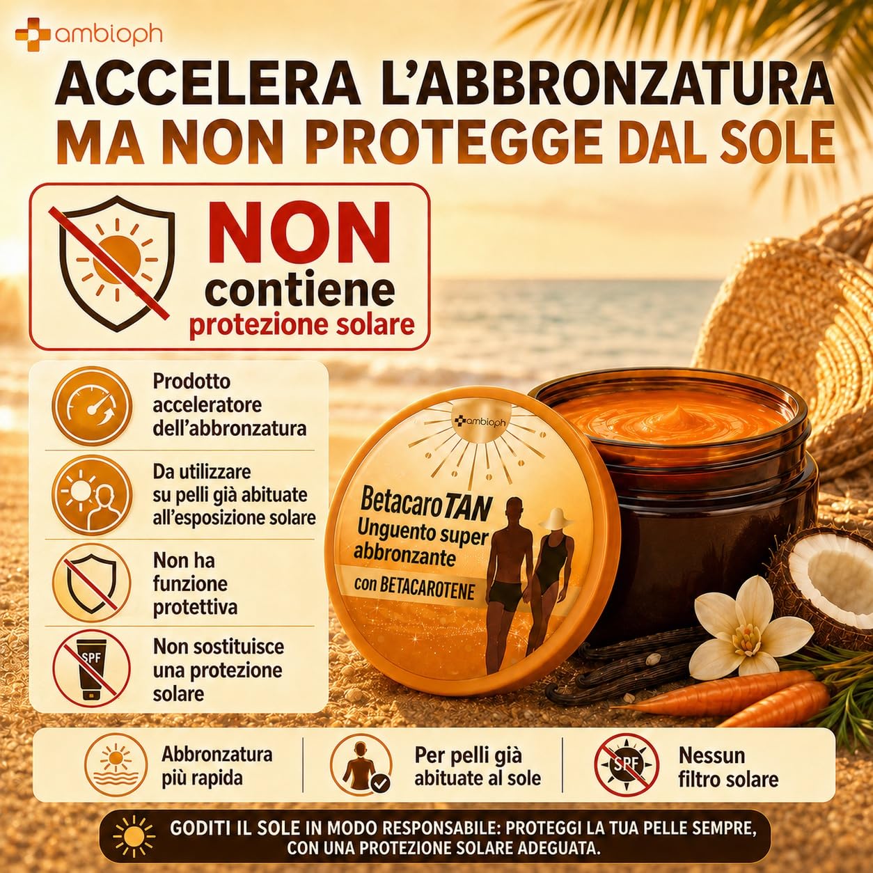 CREMA ABBRONZANTE CORPO Accelleratore abbronzatura con Betacarotene per abbronzatura forte, con Vitamina E Olio di Ricino e Olio di Mandorle Dolci. Attivatore Abbronzatura, Ambioph