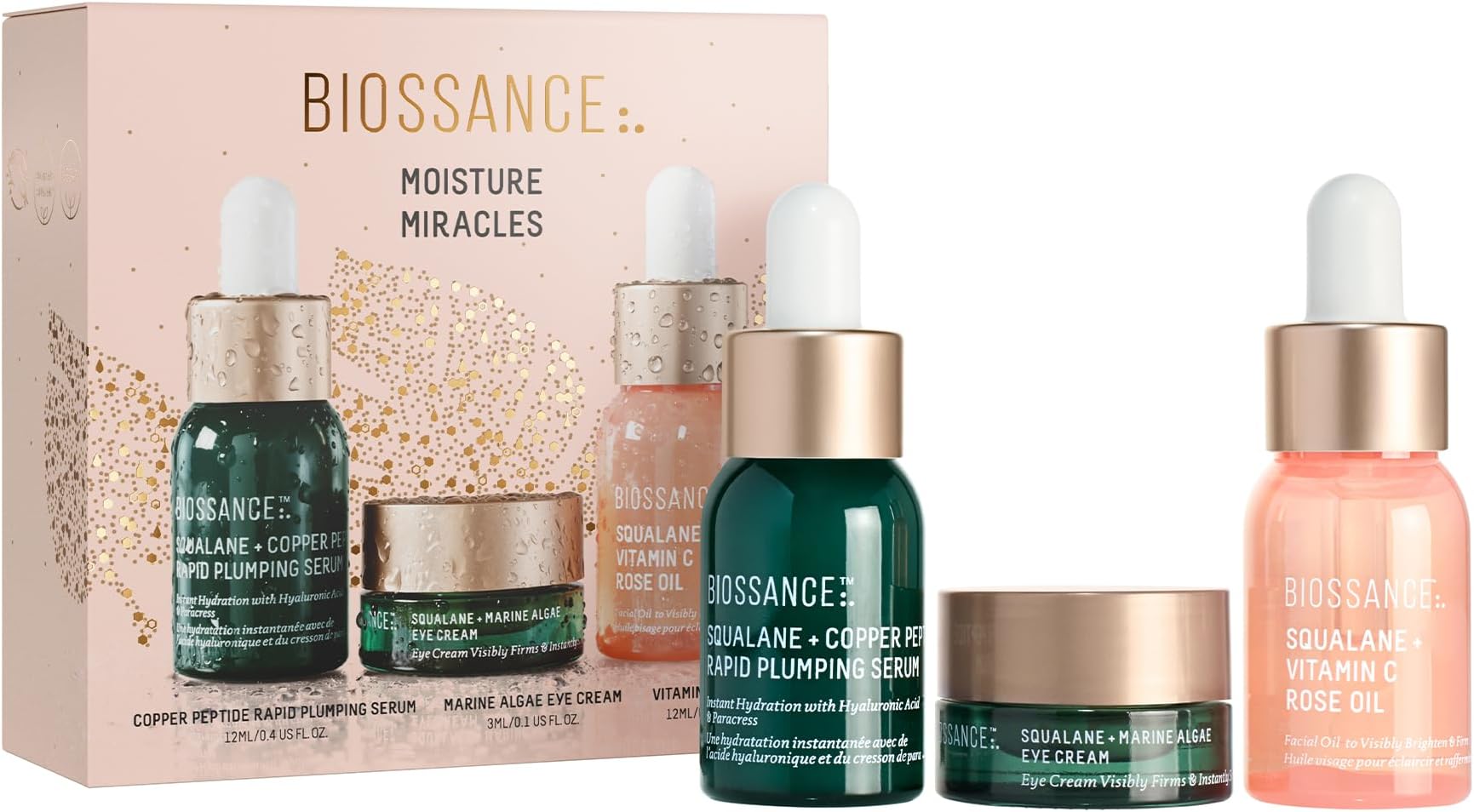 Moisture Miracles Holiday Gift Set, Vitamin C Rose Oil, Marine Algae Eye Cream, Copper Peptide Rapid Plumping Serum, facial skincare set