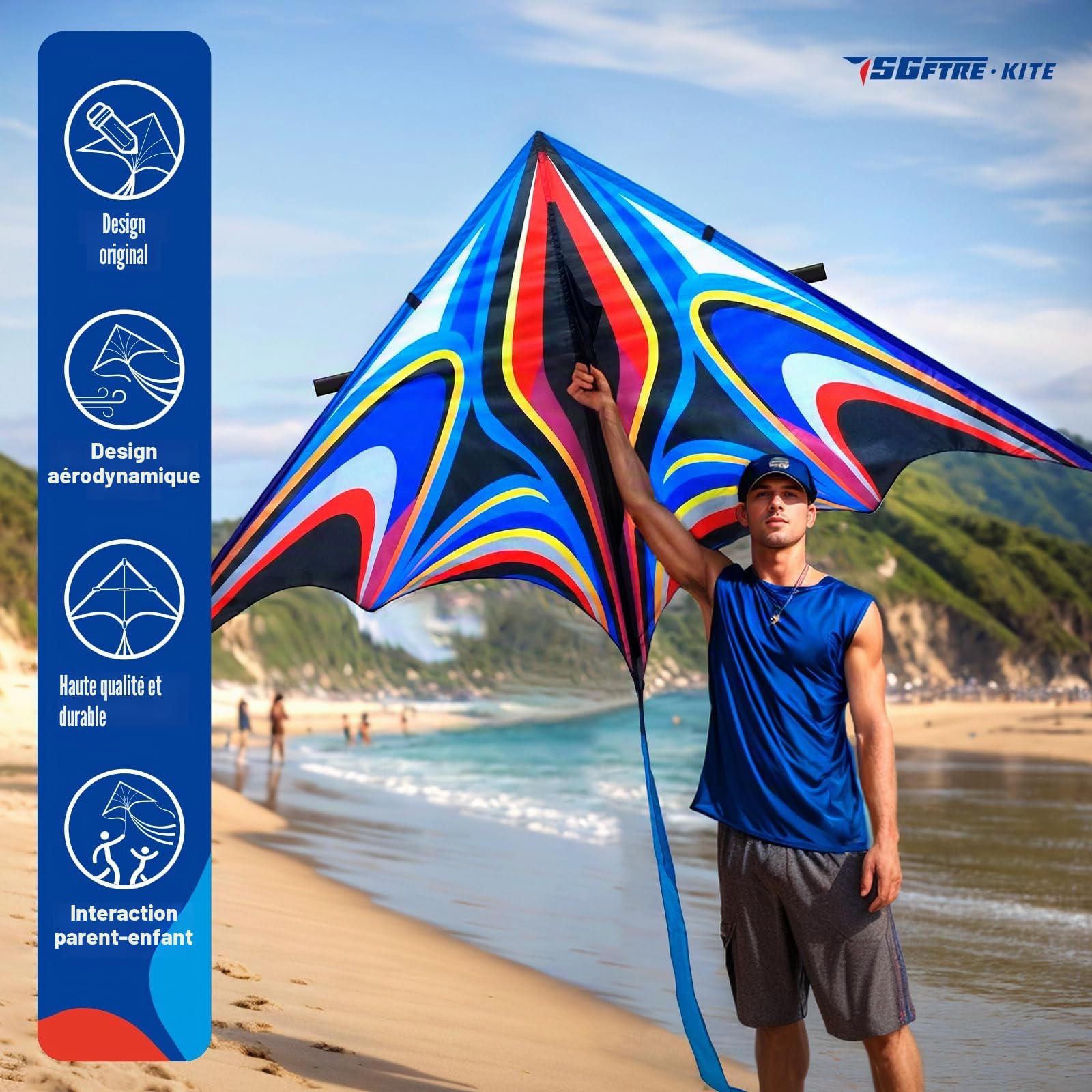 SGftre Grand cerf-volant Delta bleu pour enfants et adultes, extrêmement facile à voler pour les débutants, cerfs-volants pour la plage, le parc, les activités de plein air en famille