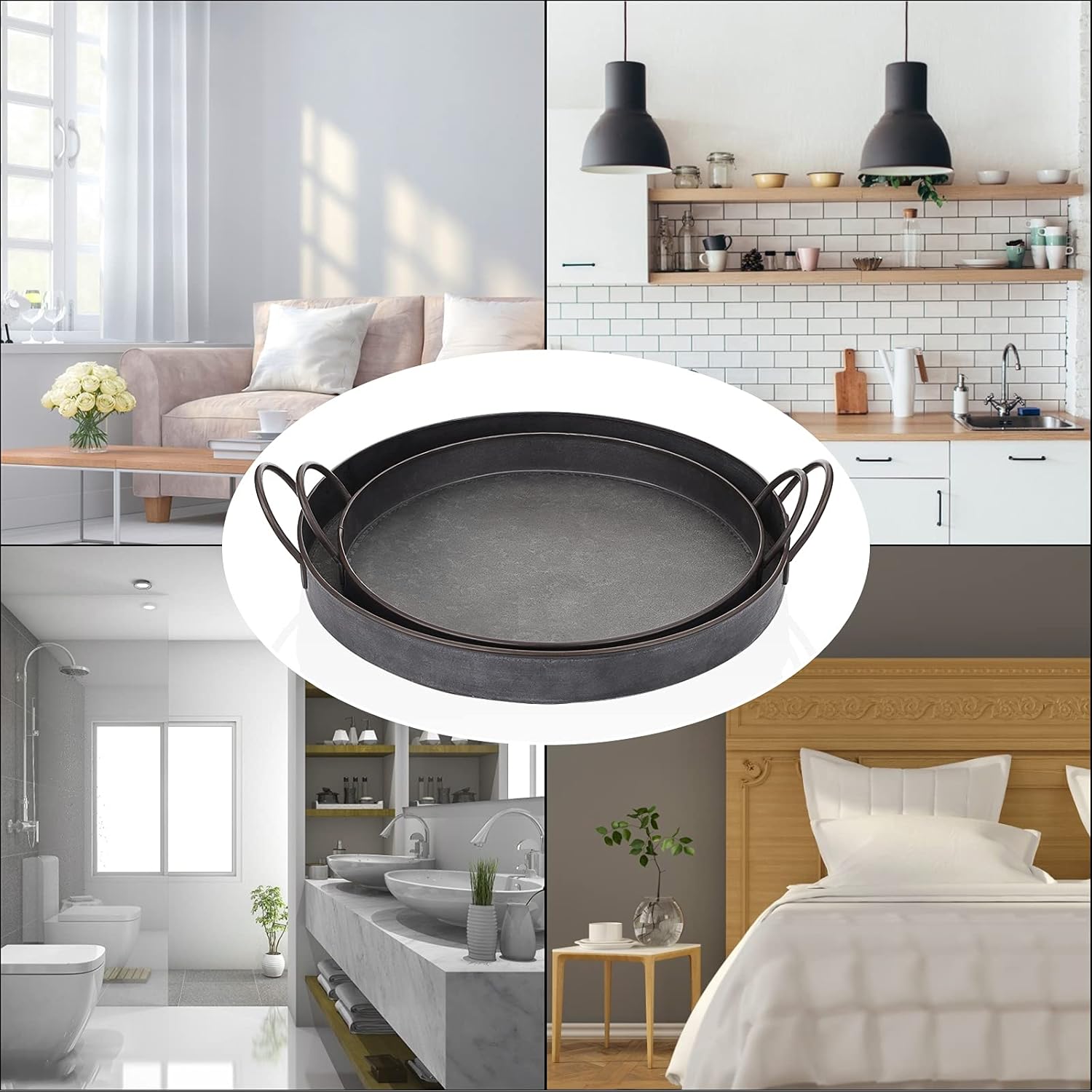 Hipiwe Set of 2 Industrial Style Metal Iron Serving Tray with Handle, Rustic Galvanized Storage Tray Round Coffee Table Home Decor Centerpiece Tray, 13.6 inch and 12.2 inch - Image 3