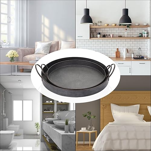 Miniatura 3 de Hipiwe Juego de 2 bandejas de hierro de metal de estilo industrial con asa, bandeja de almacenamiento galvanizada rústica, mesa de centro de mesa