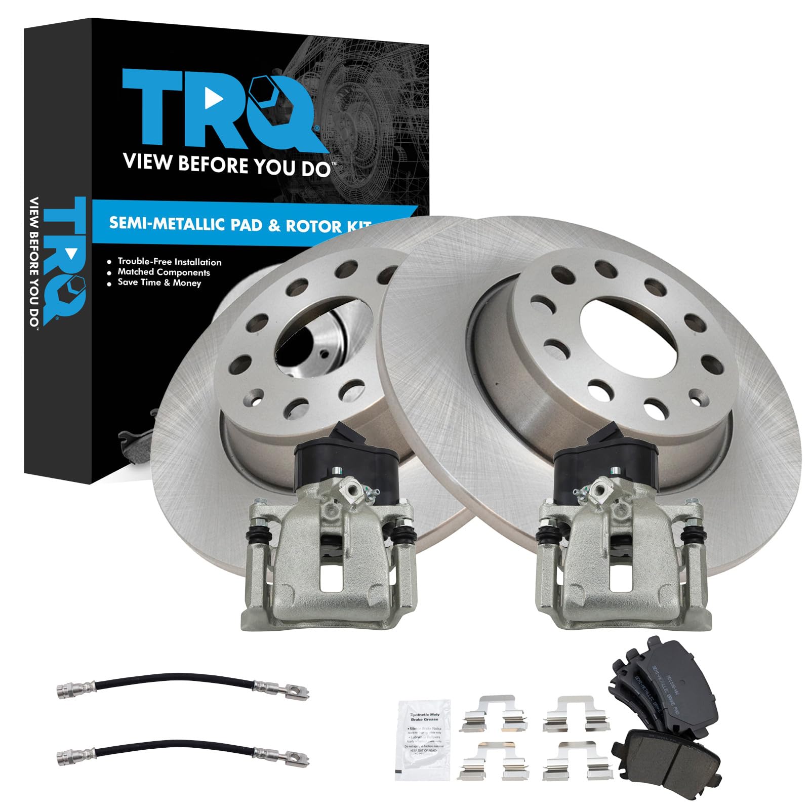 TRQ Rear Brake Pad and Rotor Set Semi Metallic Rotors Calipers Compatible with 2009-2016 Volkswagen CC 2009-2017 Tiguan 2018 Tiguan Limited