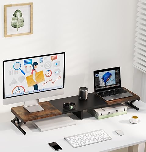 Miniatura 5 de Elevador de monitor doble, elevador de monitor de madera grande para 2 monitores, elevador de monitor con almacenamiento para escritorio, resistente