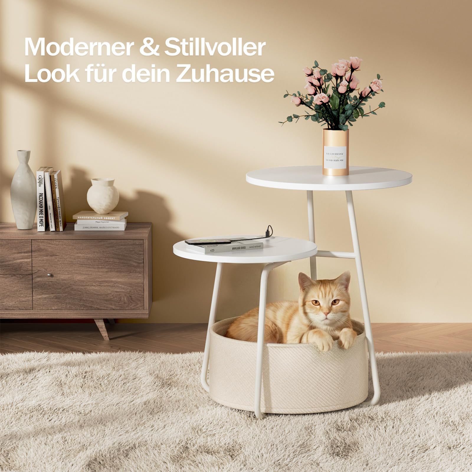 Rolanstar Beistelltisch Rund, Kleiner Tisch mit Ladestation, Runder Couchtisch mit großem Stoffkorb & 2 Ebenen, Moderner Nachttisch für Wohnzimmer & Schlafzimmer (Weiß)