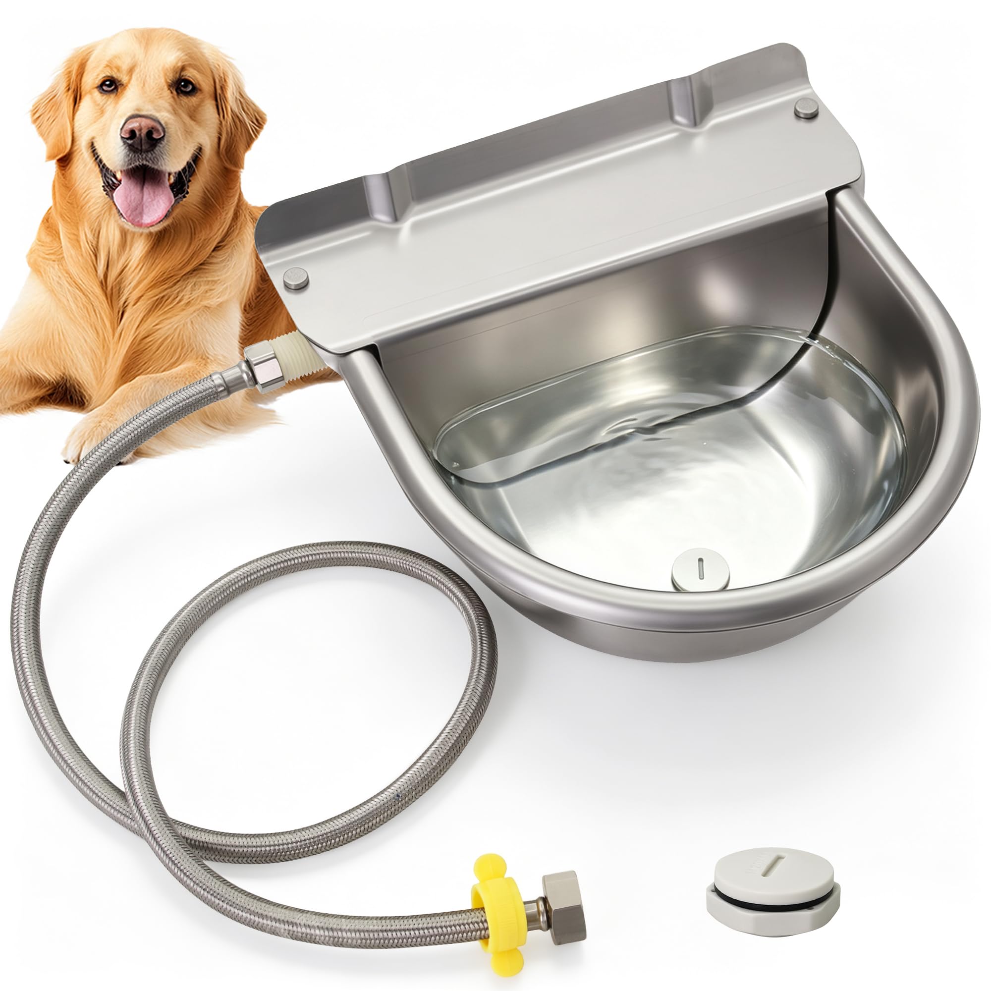 Tazón automático para caballos, dispensador de agua de ganado de granja de acero inoxidable mejorado con agujero de drenaje y válvula flotante para caballo, perro, pollo, cabra, cerdo (A)