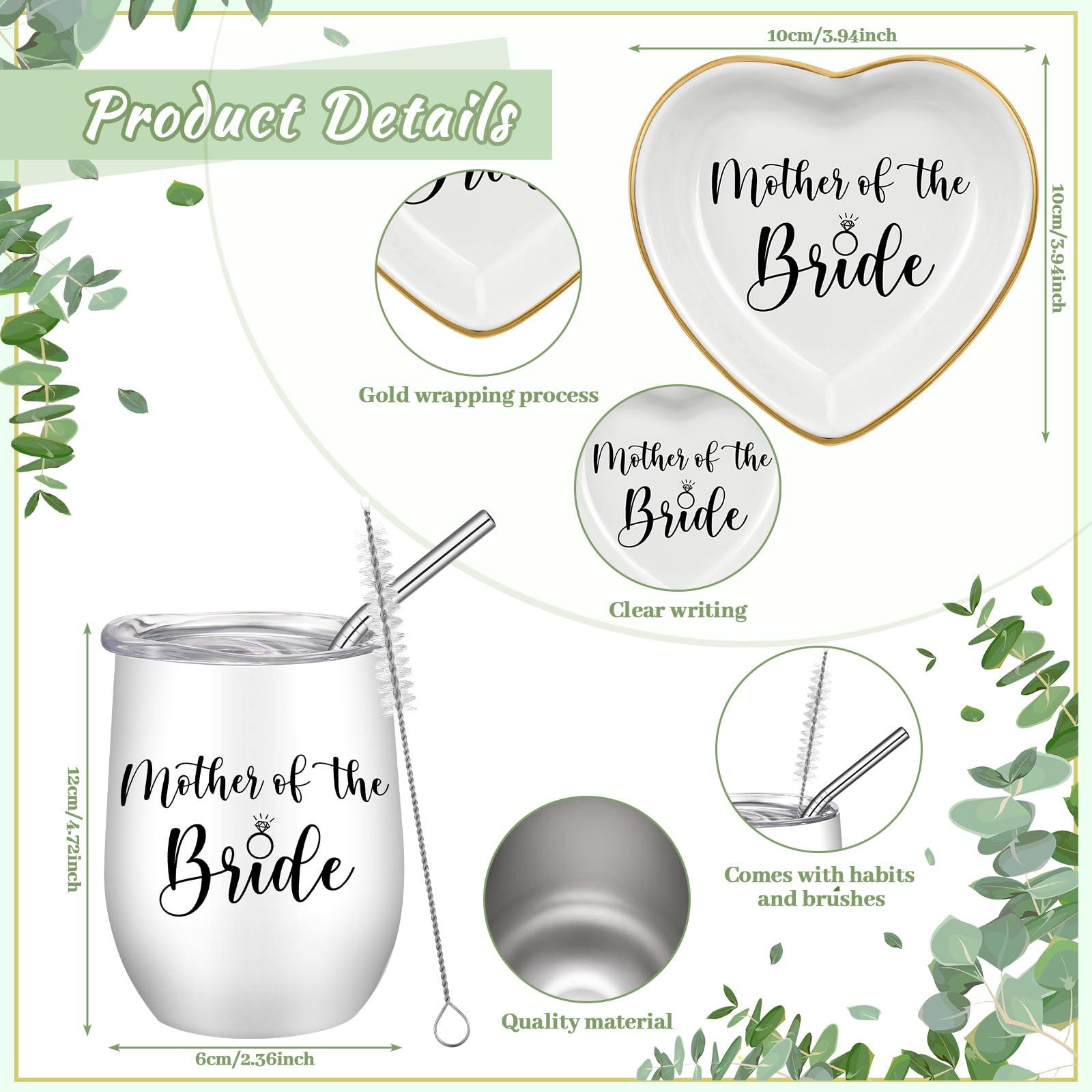 FoldTier 4 Pieces Mother of the Bride Bags Bridal Shower Gifts for Wedding Canvas Tote Bag for Mother of the Bride with Makeup Bag Tumbler Cup Mother Jewelry Tray Bridal Ring Holder for Wedding