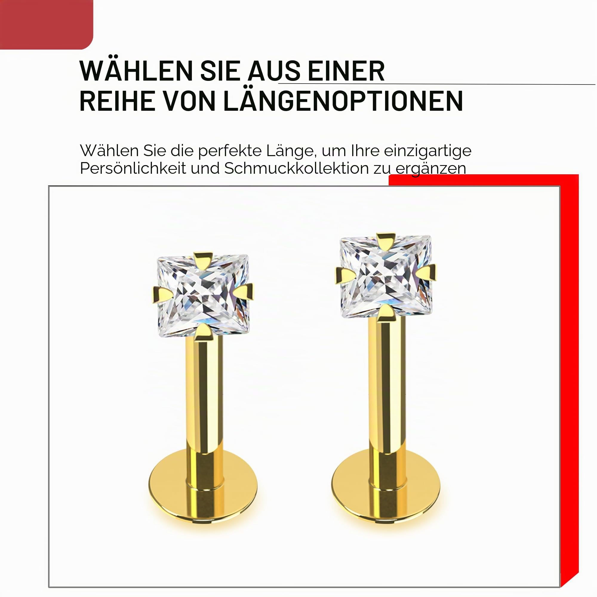 Monster Piercing | 14K Gold Echtgold | Lippenpiercing Tragus Piercing 16 Gauge | Kristallstein | Stablänge: 8MM oder 10MM | Lippe Labret Ohr Piercing