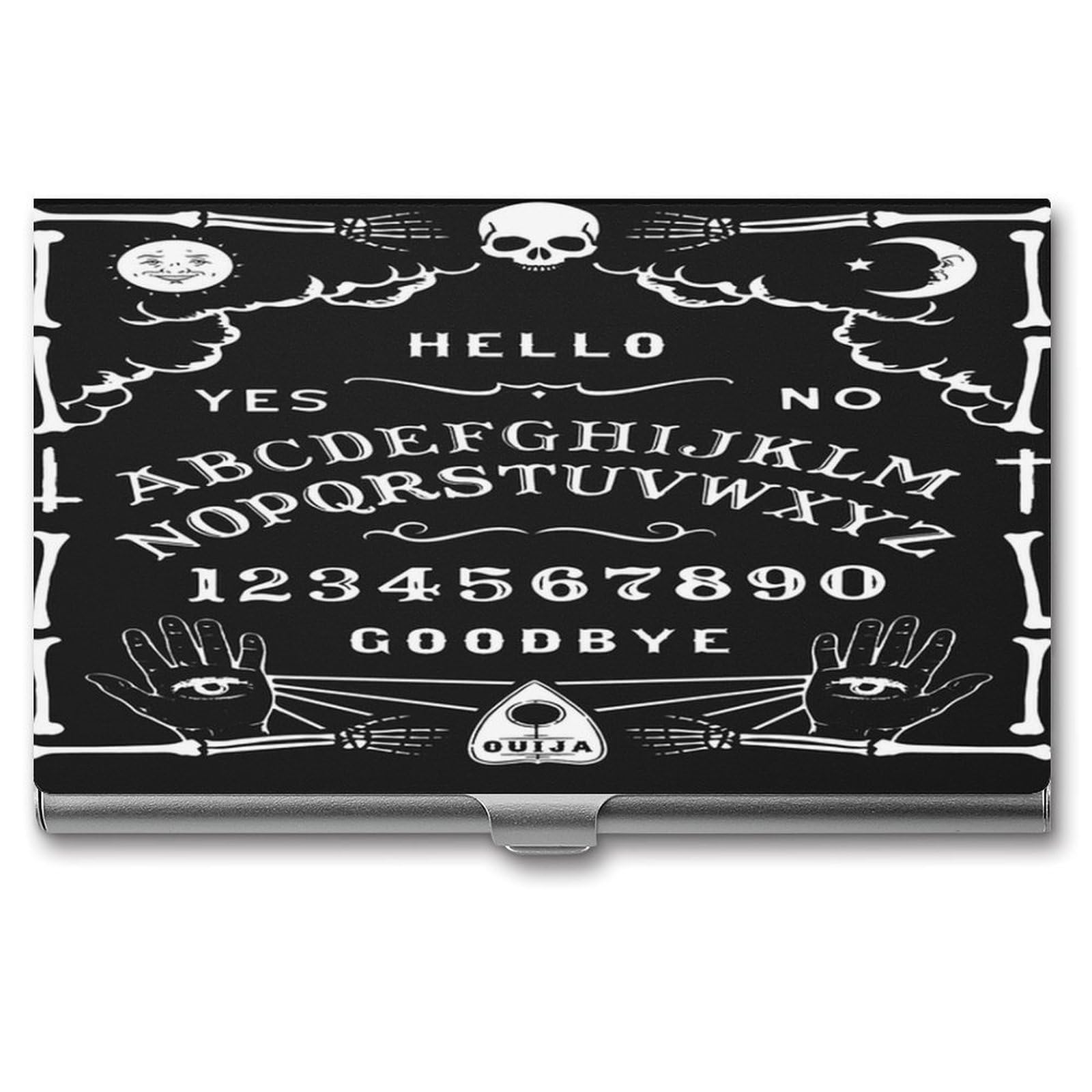 OPOZSDF Business Card Holder for Desk,Cute Metal Skeleton Witch Tattoo Black Desktop Business Card holder Display for Men & Women, Design (909)