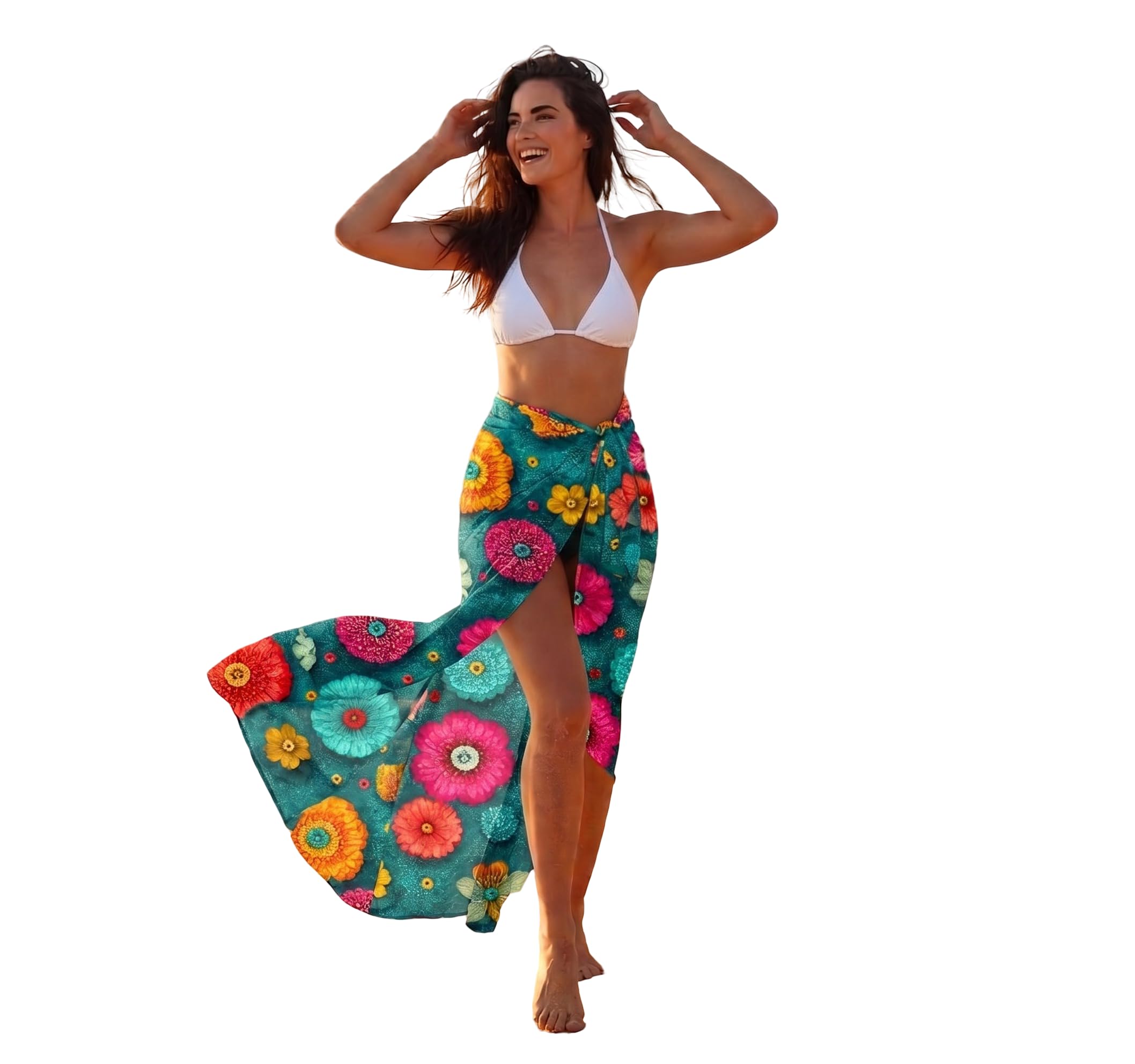 tulsi enterprise Women's Tropical Sunset Palm Tree Print Beach Sarong with Colorful Pom Pom Trim, Lightweight Georgette Swimsuit Cover Up Pareo-picture-19