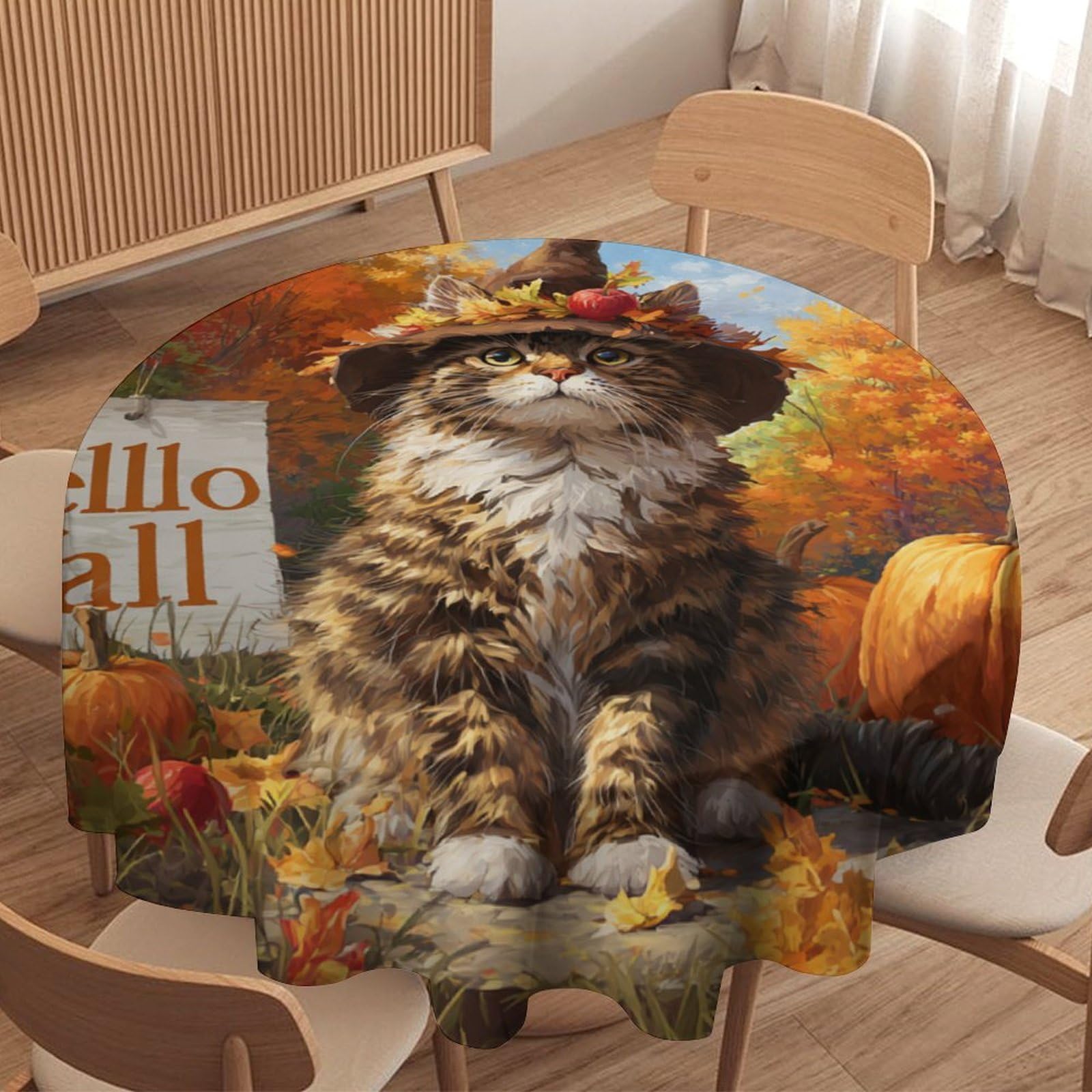 LUYYSKY Cartoon Realistic Cute Cats Round Tablecloth Modern Classic Thanksgiving Fall Animals Cats Kitten Pattern Washable Decor for Table Cover for Kitchen-177.8" Wx177.8 L cm