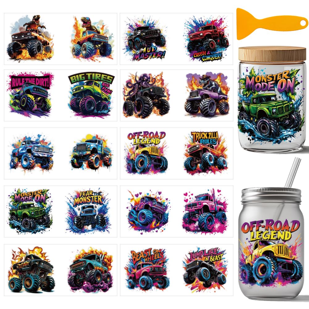 arricraft 10 Sheets Monster Truck UV DTF Cup Wrap for 16OZ Glass