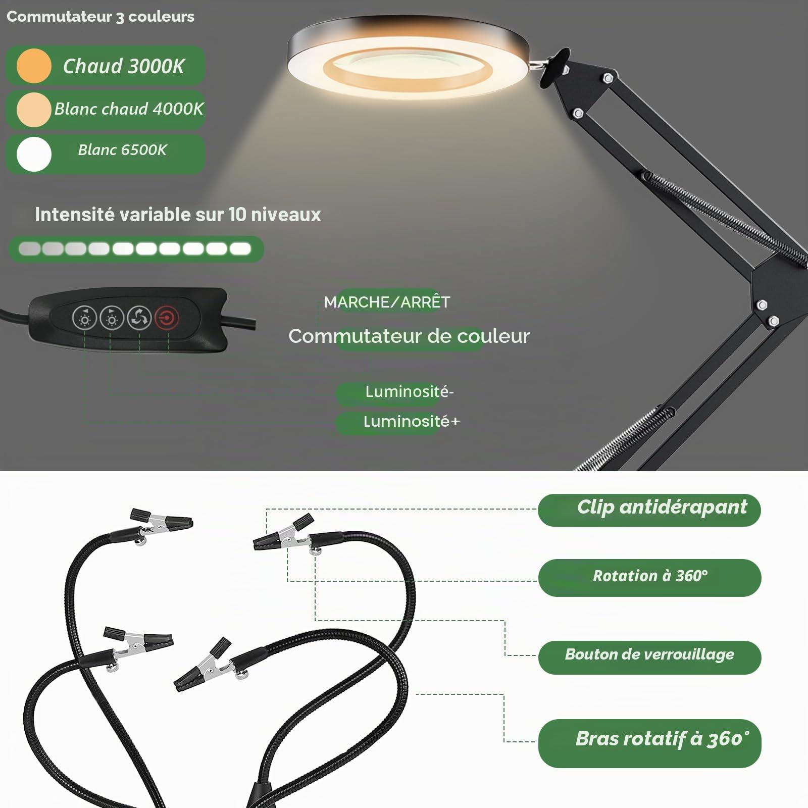 Troisième main - Aide à la soudure magnétique avec loupe 10X - Station de soudage avec 4 colonnes PCB - 4 bras flexibles et 1 bras de support mécanique - Aide à la soudure pour soudeurs, bijoutiers