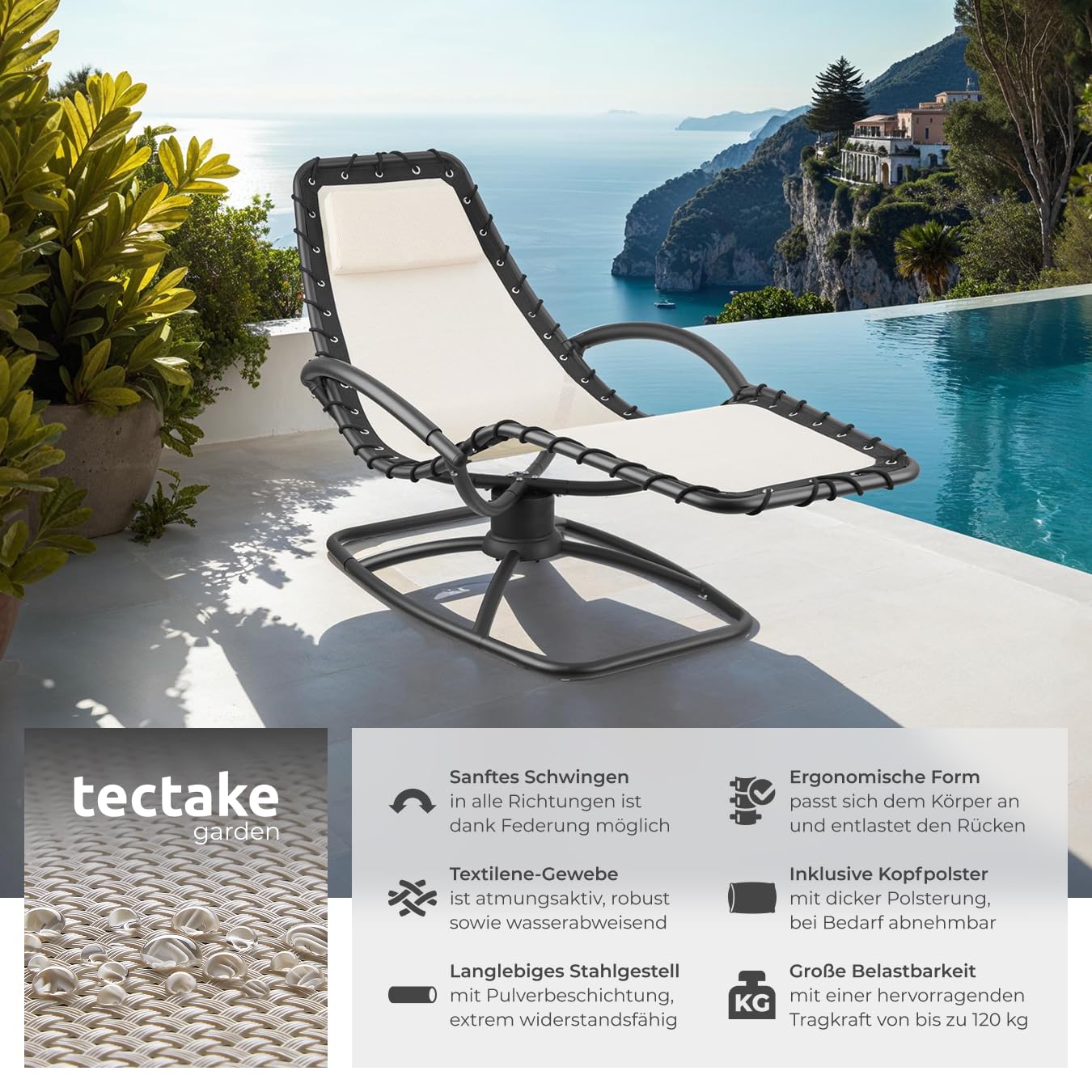 tectake® ergonomische Gartenliege, Sonnenliege, Lounge Möbel Outdoor, Liegestuhl, Relaxsessel mit Liegefunktion, Schaukelsessel für Terrasse, Balkon, Schaukelstuhl Outdoor Gartenmöbel - 1 Stück, beige