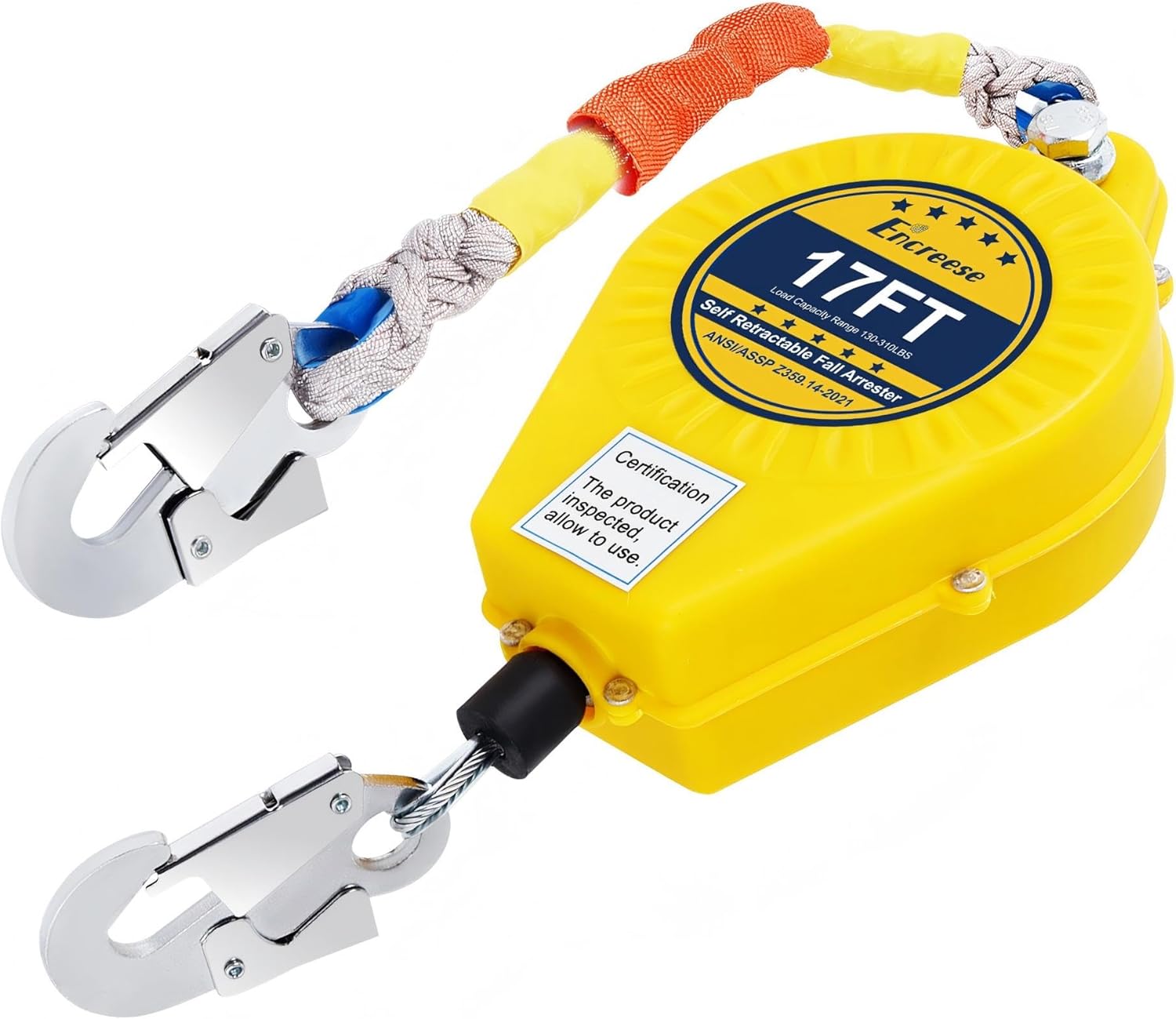 Self Retractable Lifeline Fall Protection Arrester 17FT Double Locking Roofing Safety Rope Lanyard Fall Arrest Gear, Dual Alloy Steel PPE shell Heavy Duty Hook Cable Wire