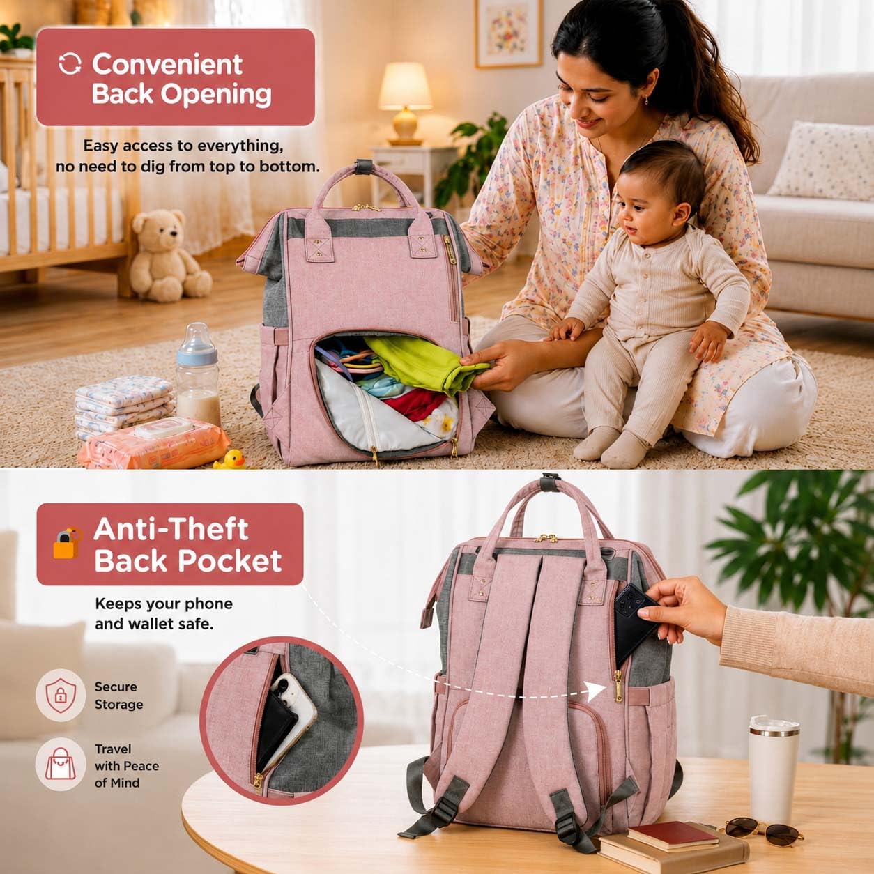 Motherly Crown Melange Fabric Diaper Bag for Travel & Maternity, Multipocket Water-Resistant Hospital Organizer for Newborn Moms with Warranty (Pink & Grey) 2